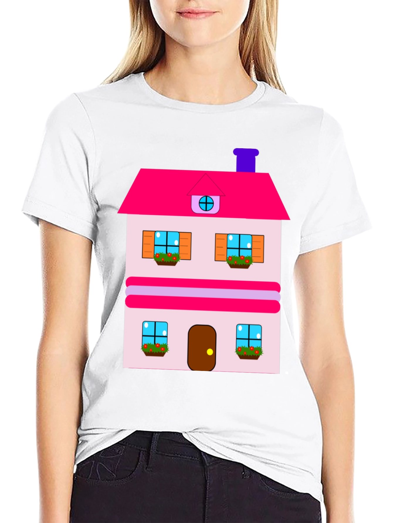 Whimsical House Print Tee - Black Cotton Blend