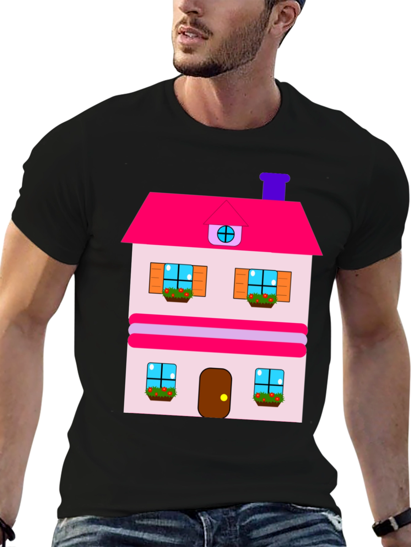 Whimsical House Print Tee - Black Cotton Blend