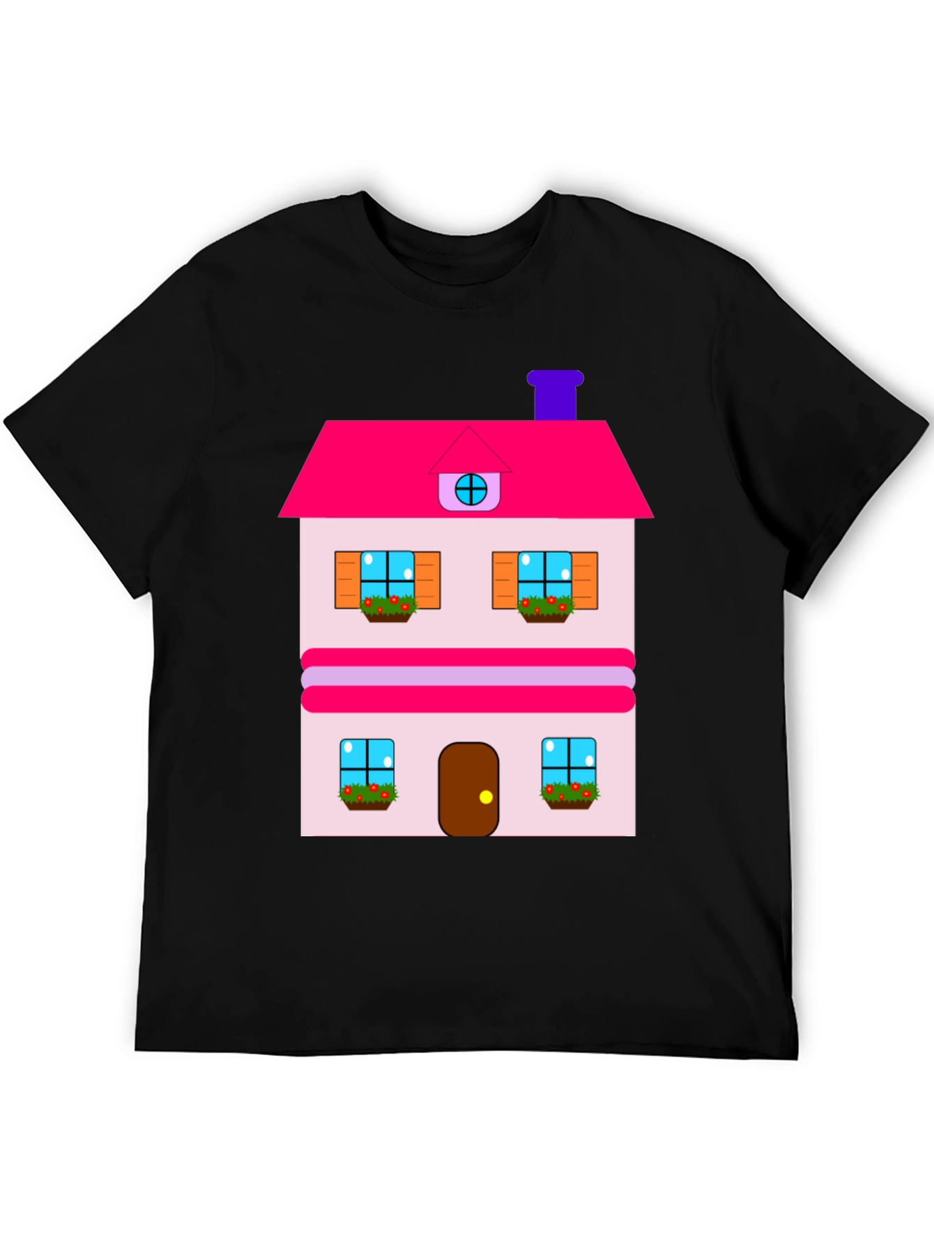 Whimsical House Print Tee - Black Cotton Blend
