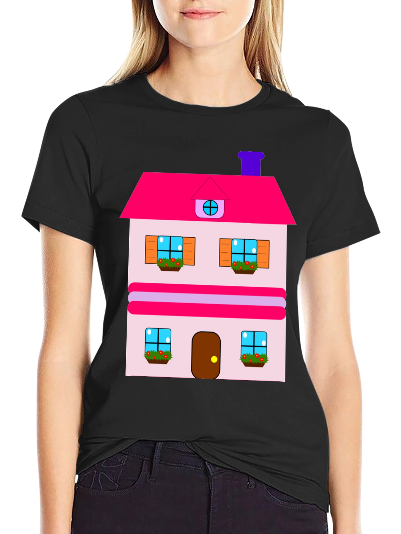 Whimsical House Print Tee - Black Cotton Blend