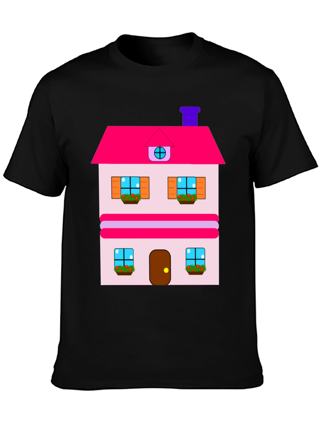 Whimsical House Print Tee - Black Cotton Blend