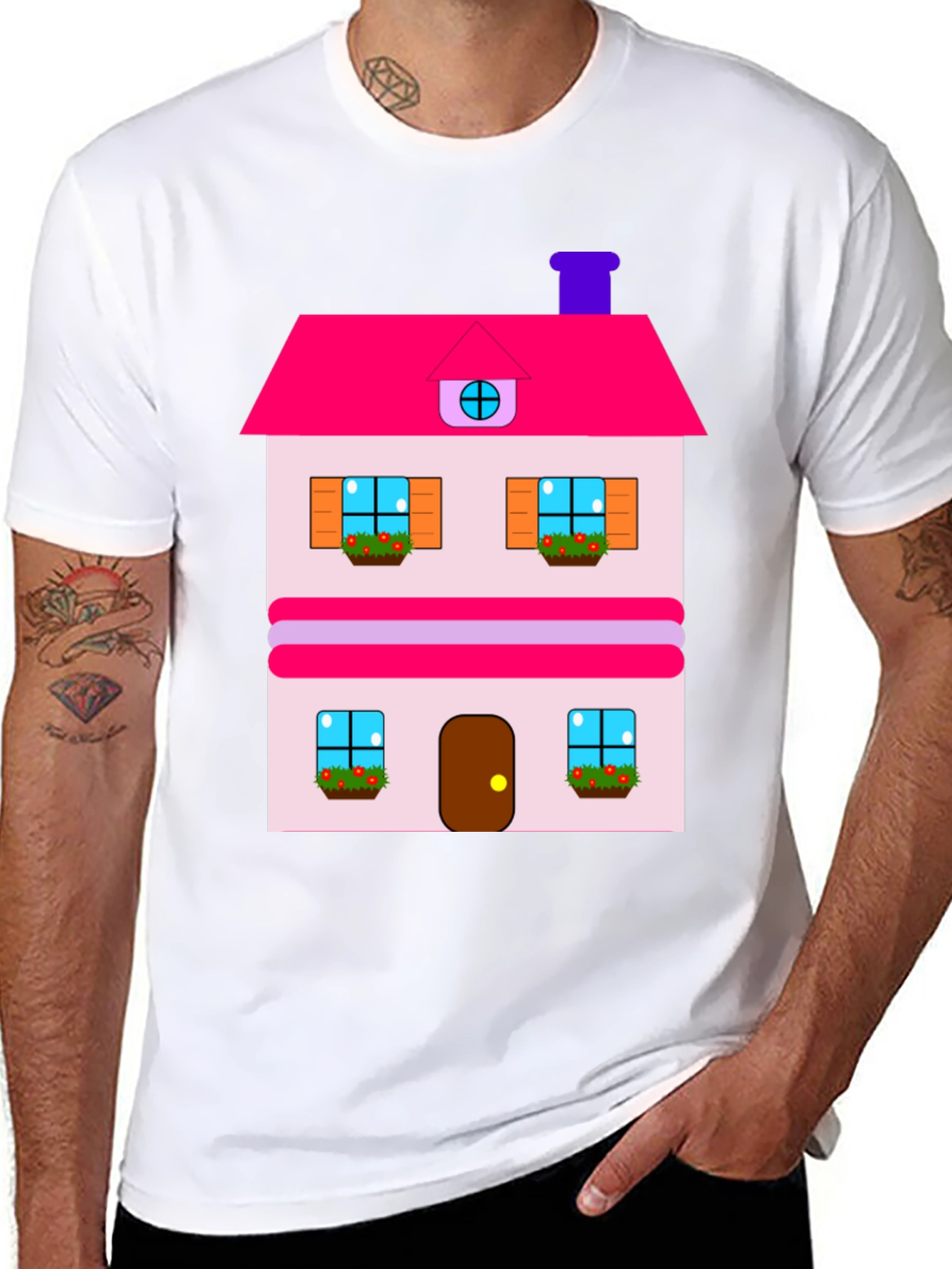 Whimsical House Print Tee - Black Cotton Blend