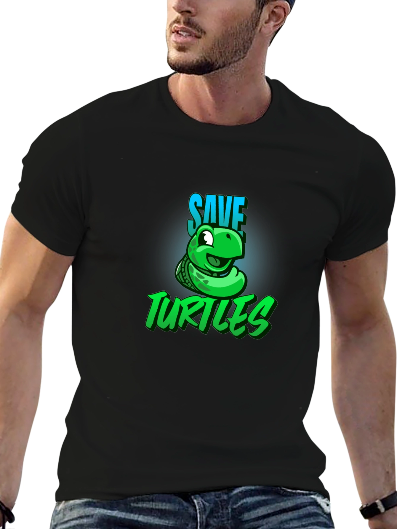 Save the Turtles Graphic Tee - Black Cotton T-Shirt