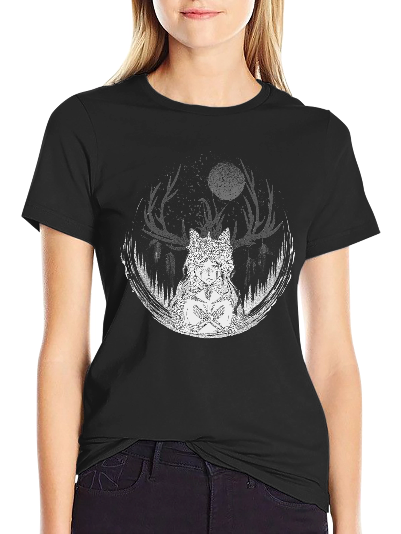 Mystic Moon Deer Graphic Tee - Black