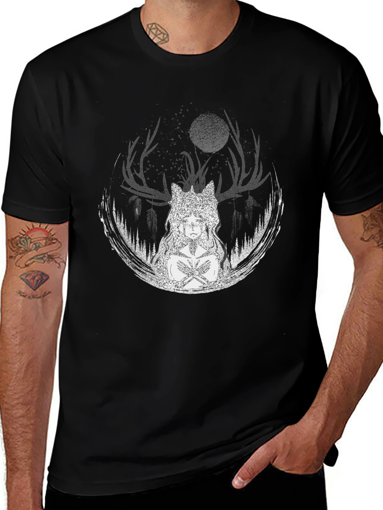 Mystic Moon Deer Graphic Tee - Black