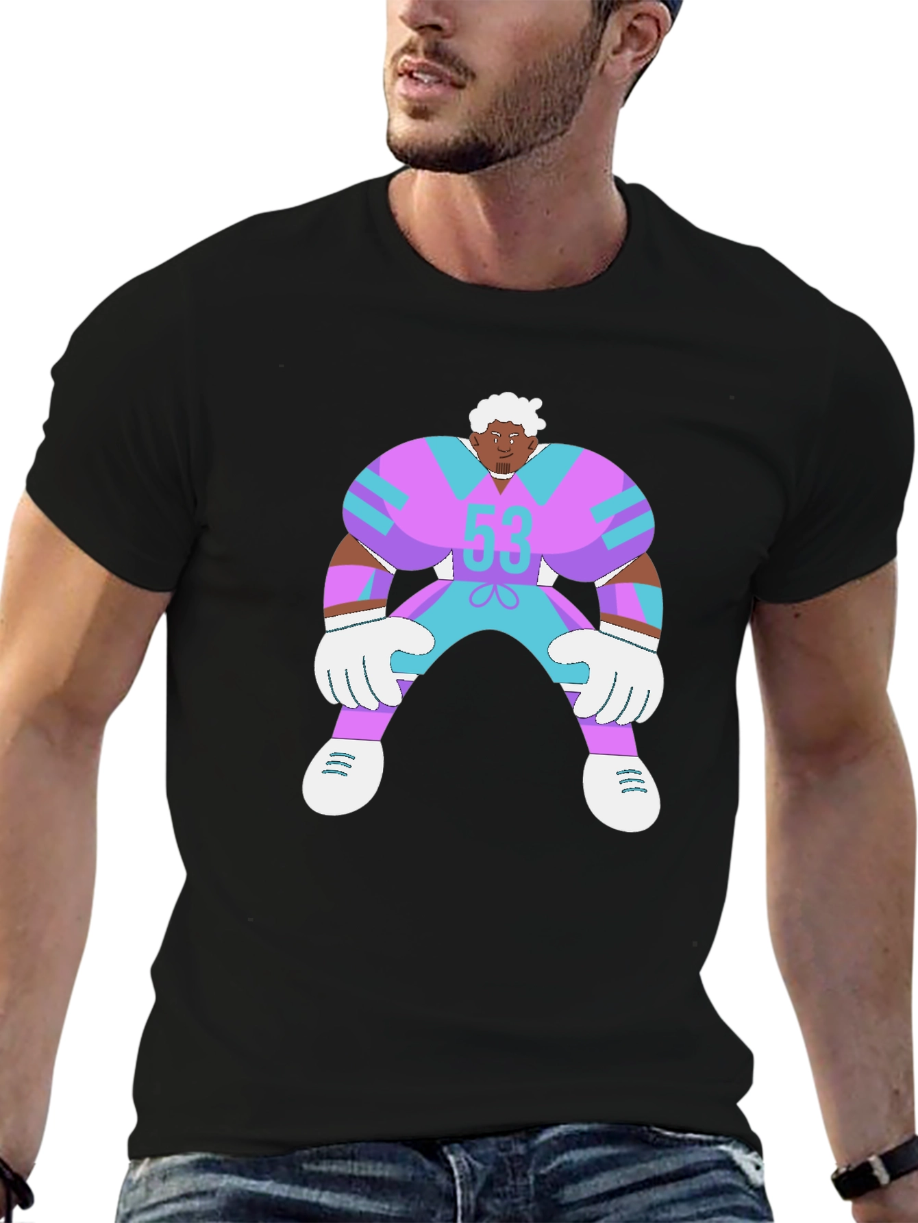 Cartoon Football Player Black T-Shirt