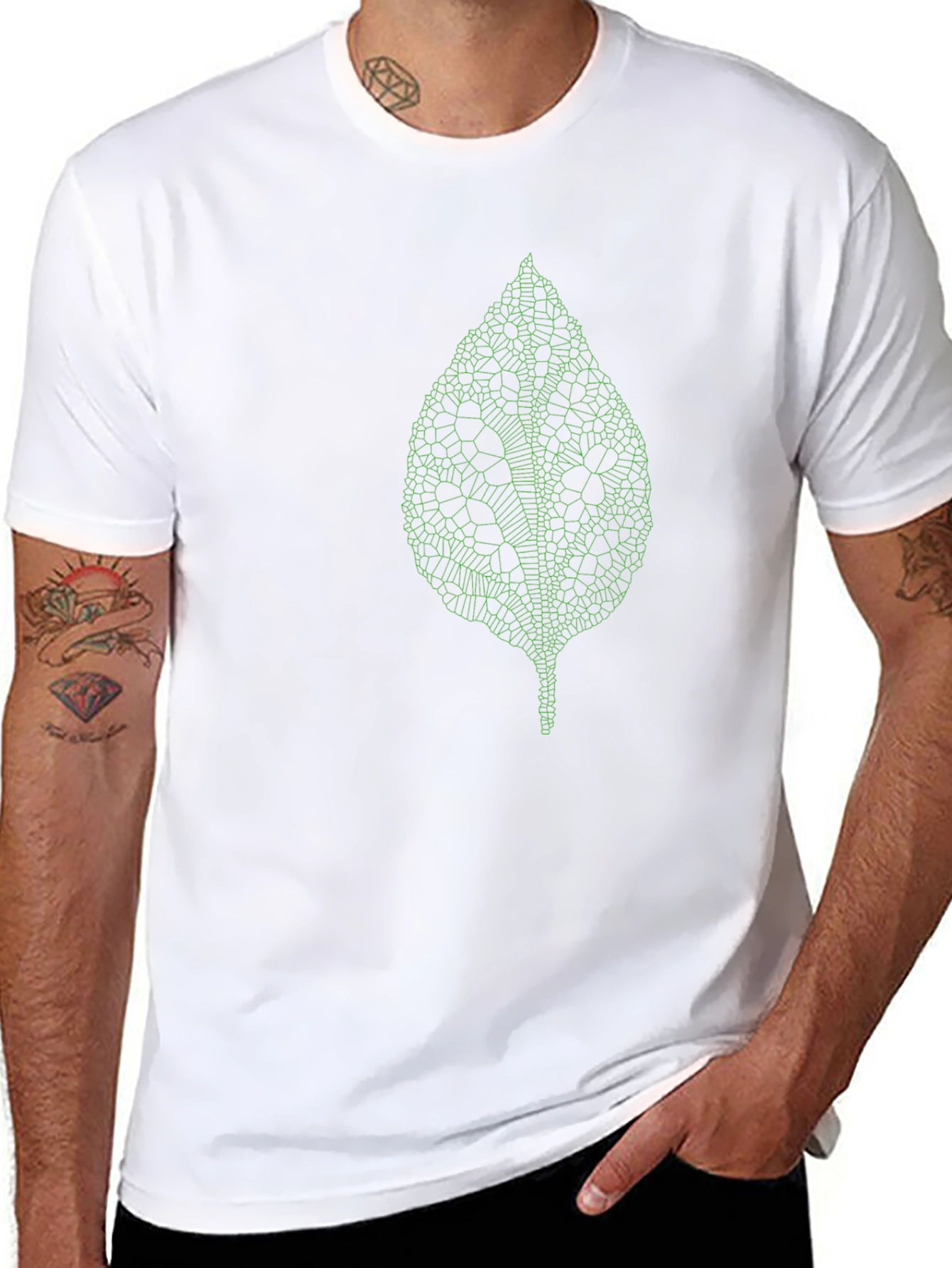 Modern Green Leaf Design Black T-Shirt