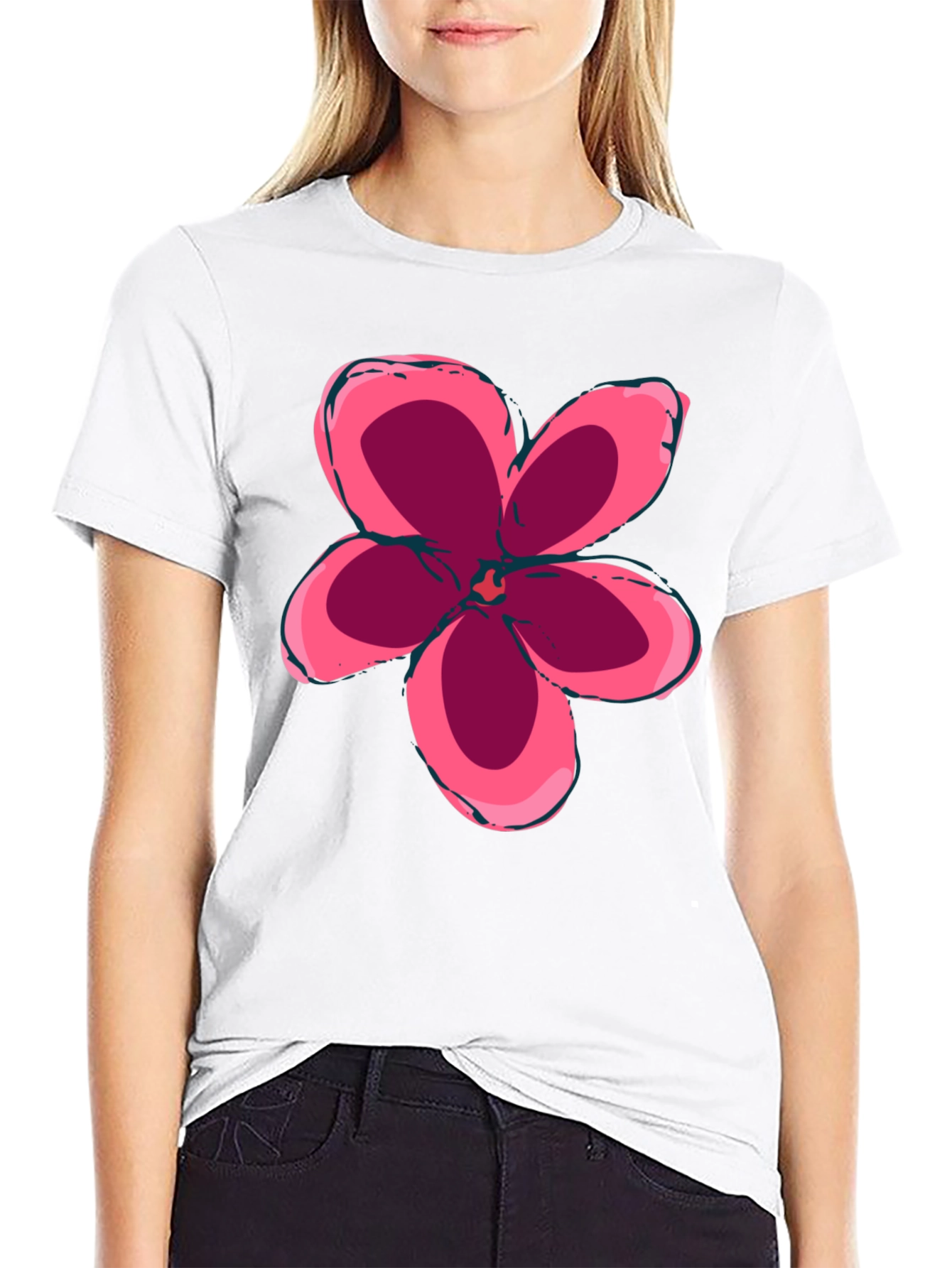 Black T-Shirt with Pink Flower Graphic