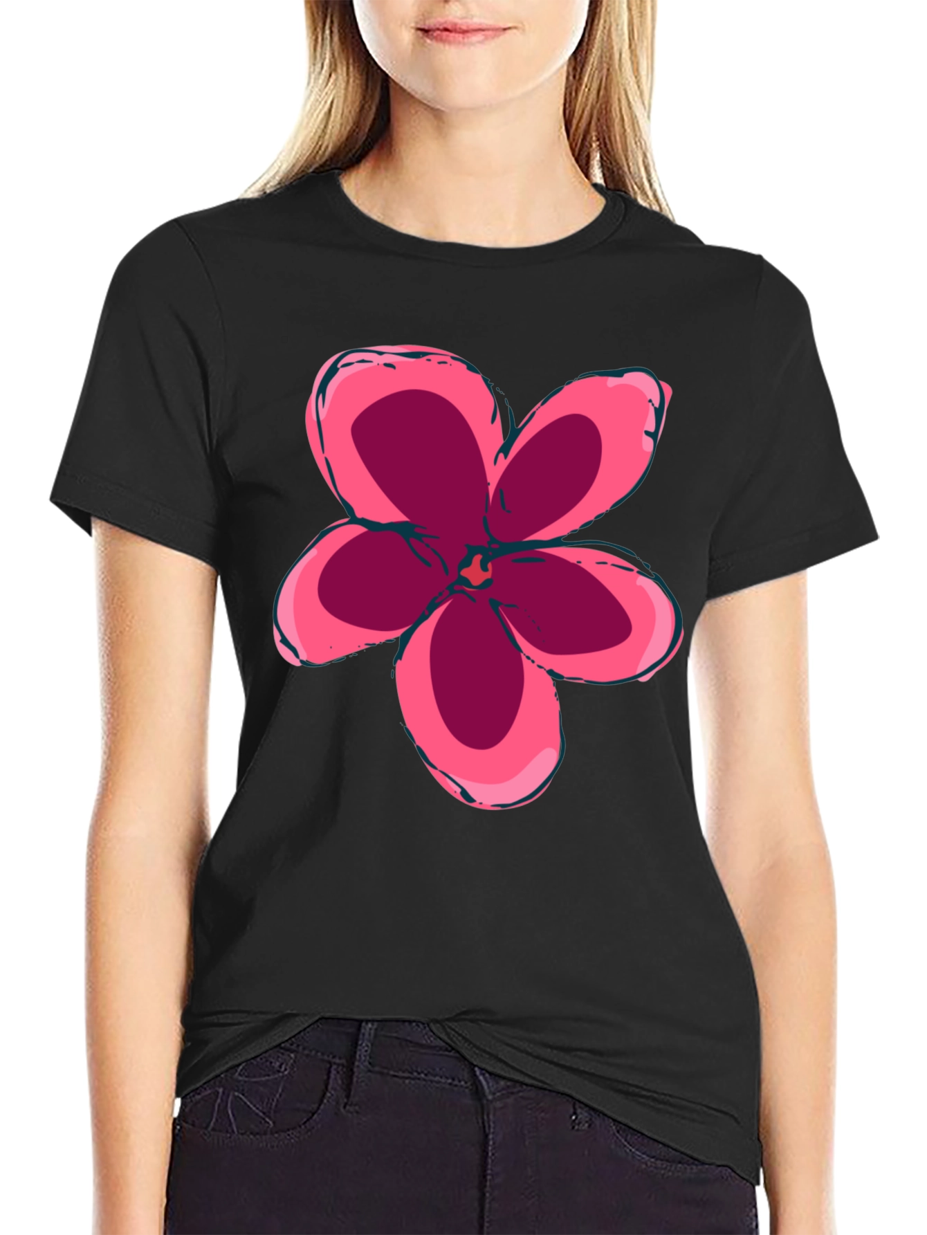 Black T-Shirt with Pink Flower Graphic