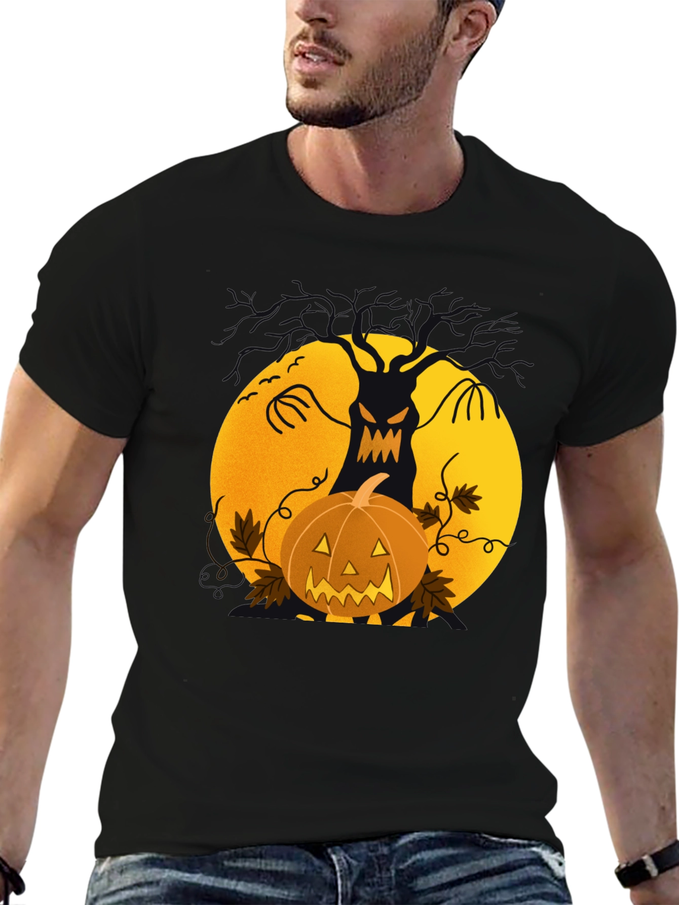 Halloween Tree & Pumpkin Black T-Shirt
