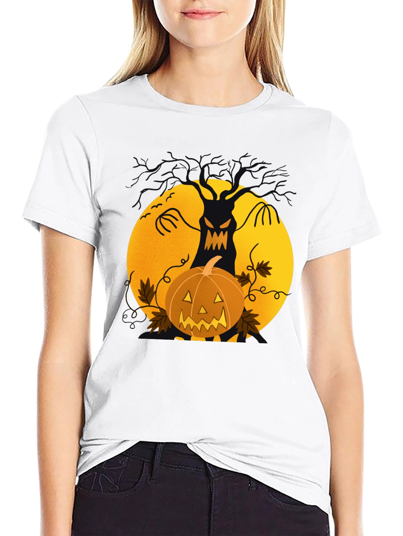 Halloween Tree & Pumpkin Black T-Shirt