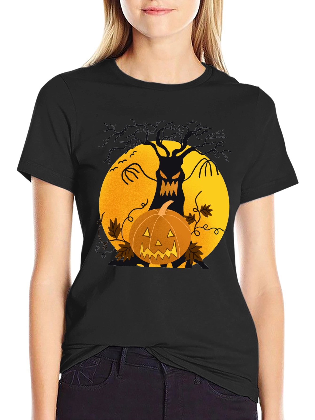 Halloween Tree & Pumpkin Black T-Shirt