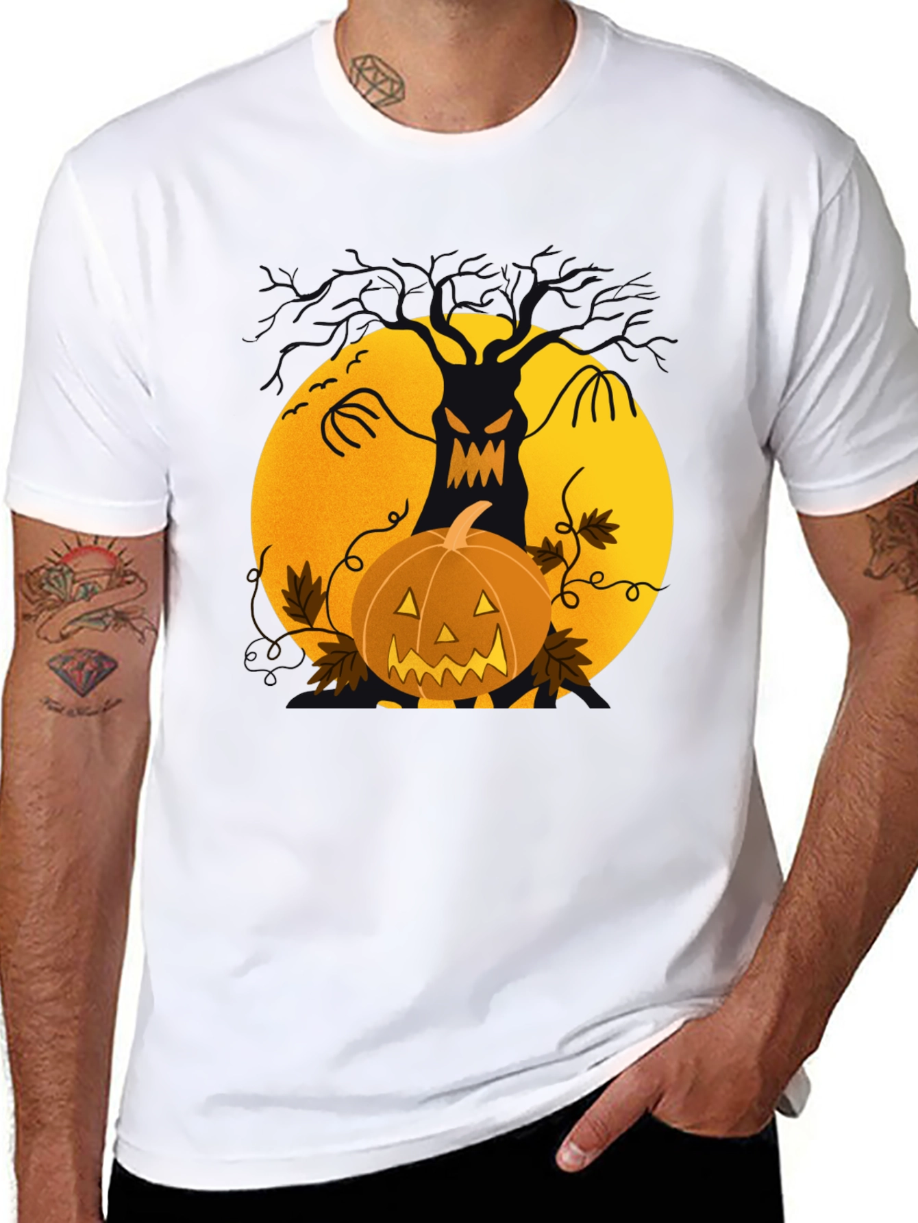 Halloween Tree & Pumpkin Black T-Shirt