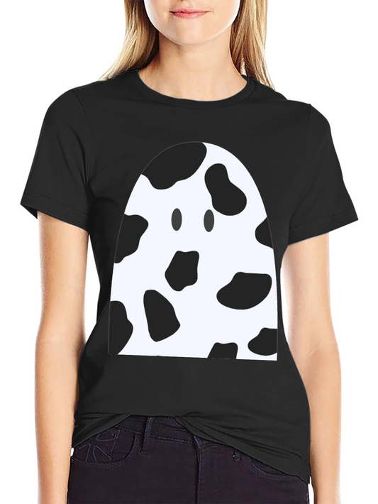 Cow Print Ghost Tee - Black Cotton Spooky Season Shirt