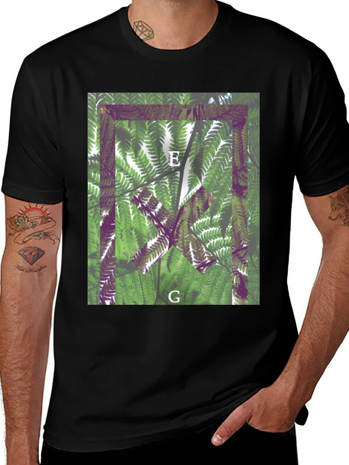 Abstract Fern Print Black T-Shirt