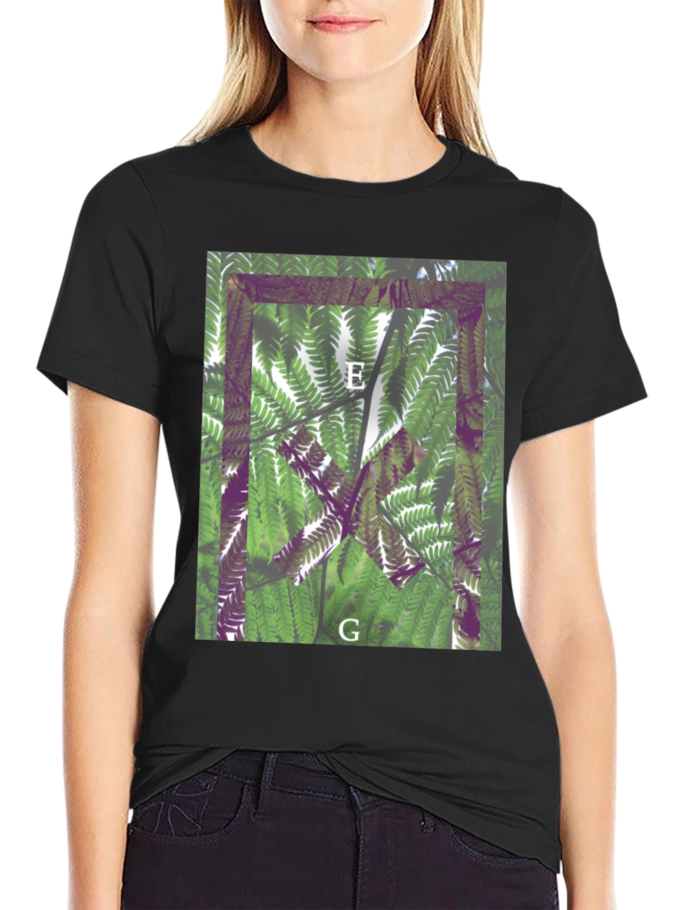 Abstract Fern Print Black T-Shirt