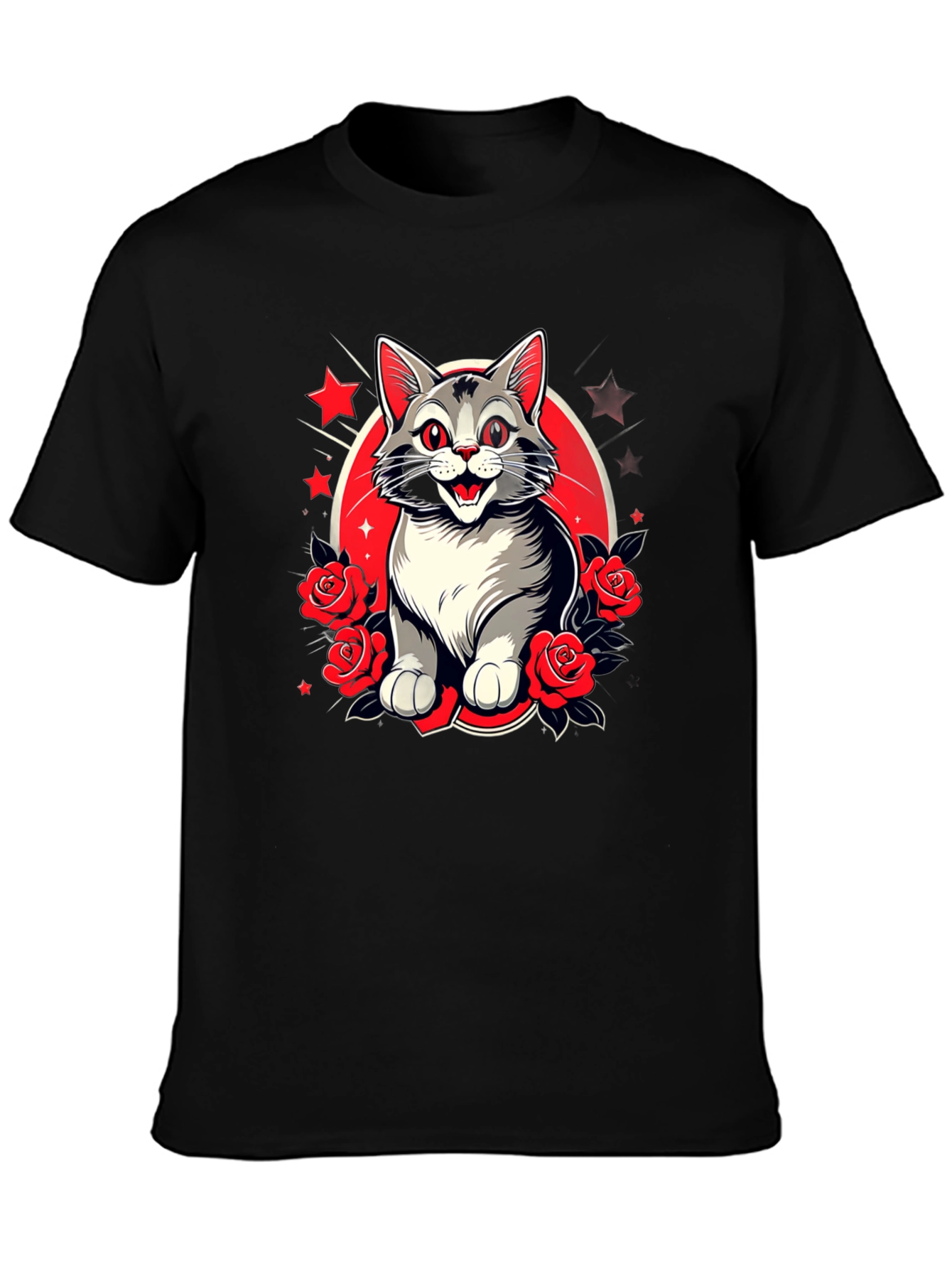 Cat & Roses Graphic Tee - Mens Black T-Shirt