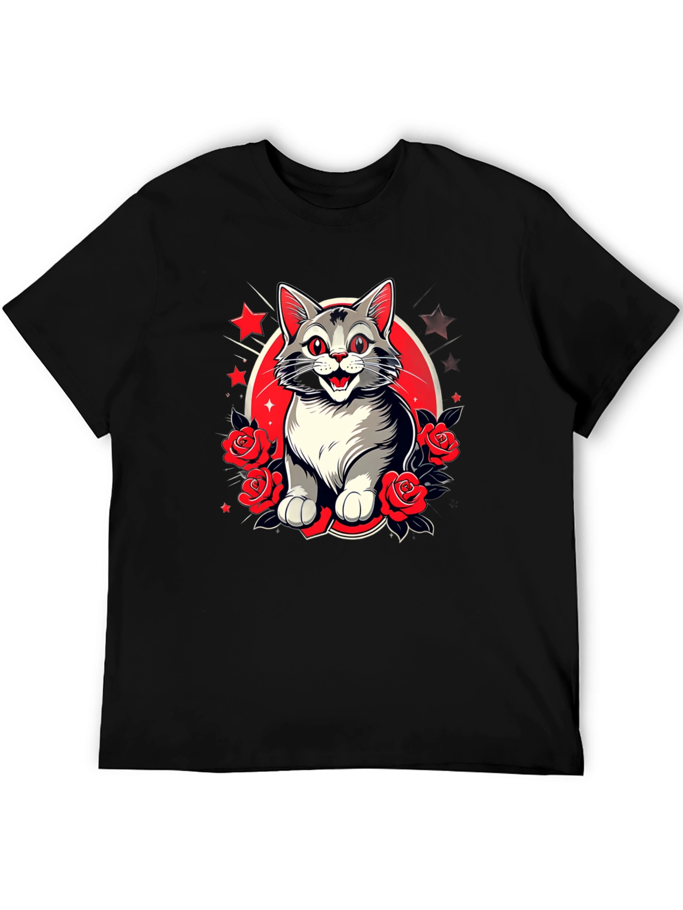Cat & Roses Graphic Tee - Mens Black T-Shirt
