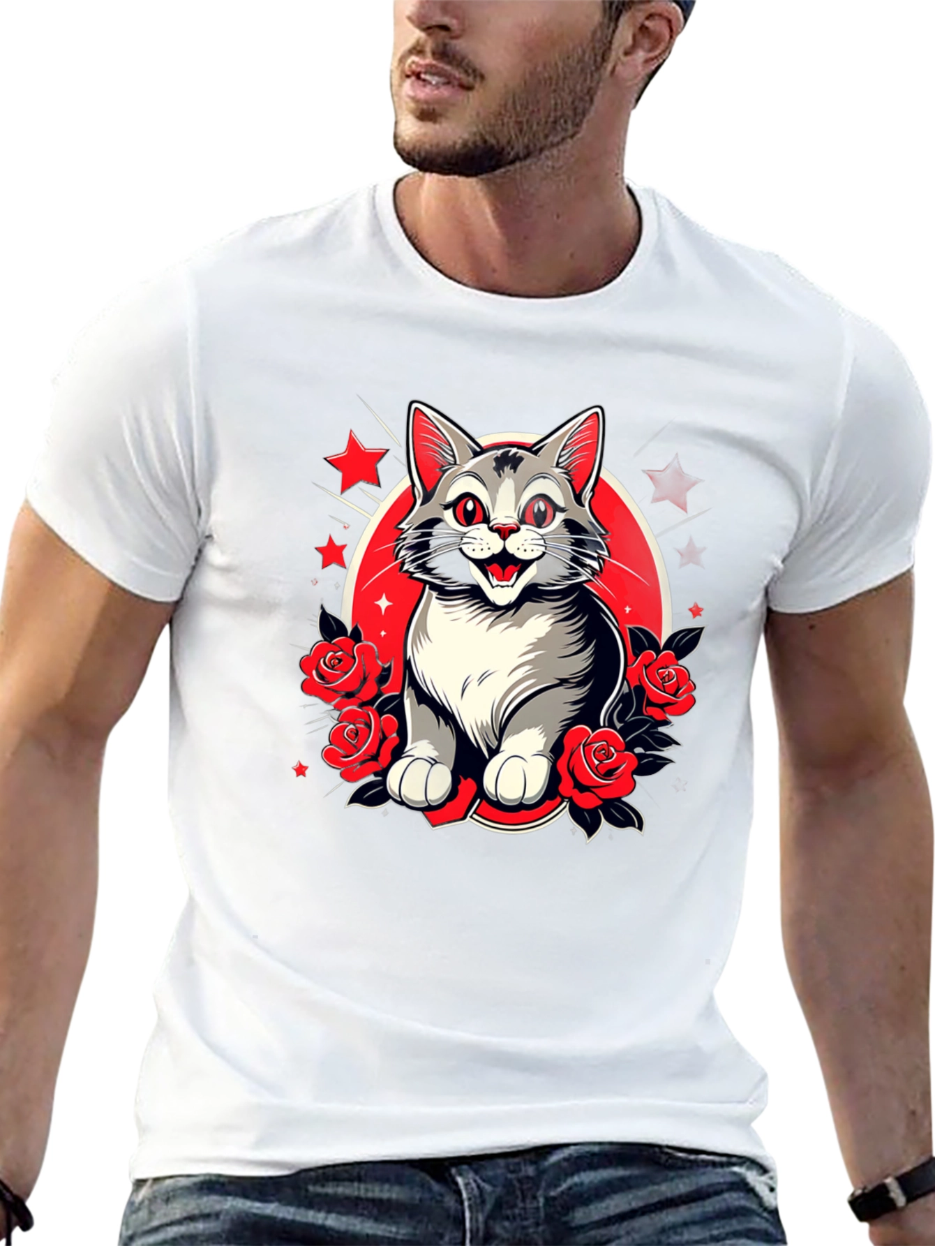 Cat & Roses Graphic Tee - Mens Black T-Shirt