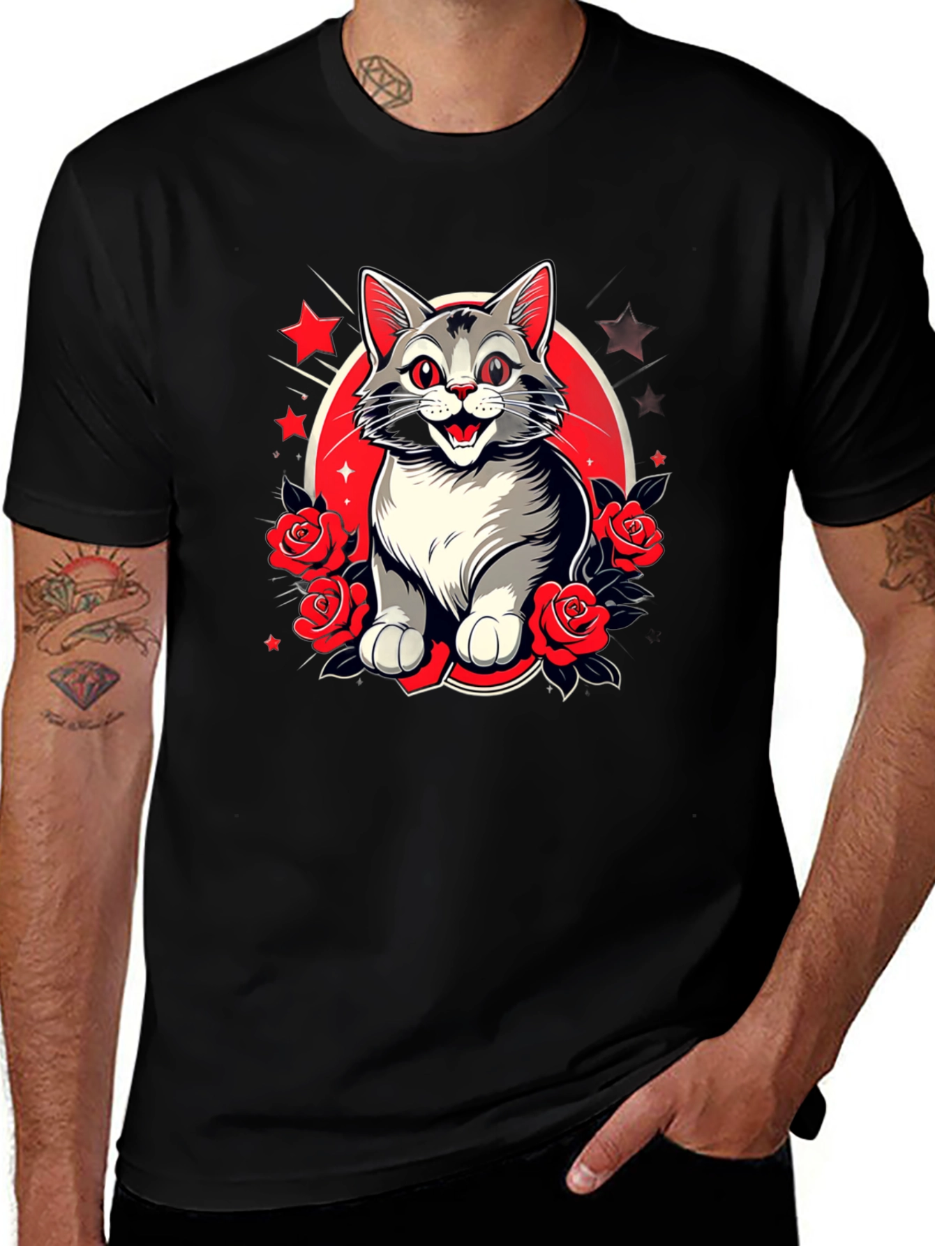 Cat & Roses Graphic Tee - Mens Black T-Shirt