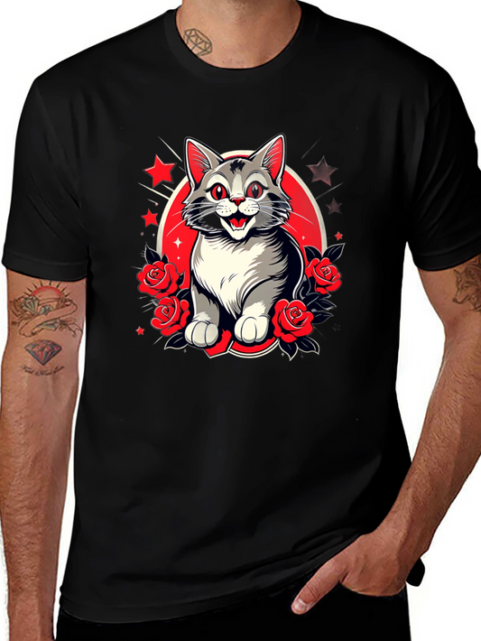 Cat & Roses Graphic Tee - Mens Black T-Shirt