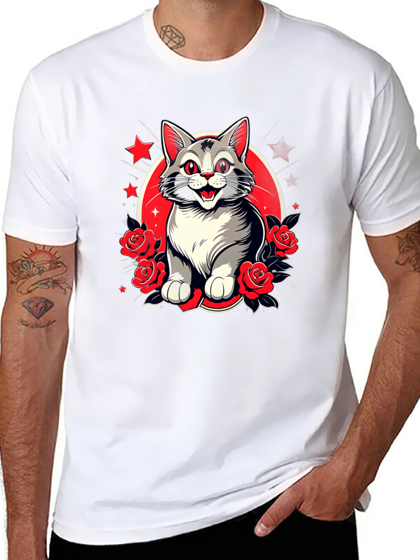 Cat & Roses Graphic Tee - Mens Black T-Shirt