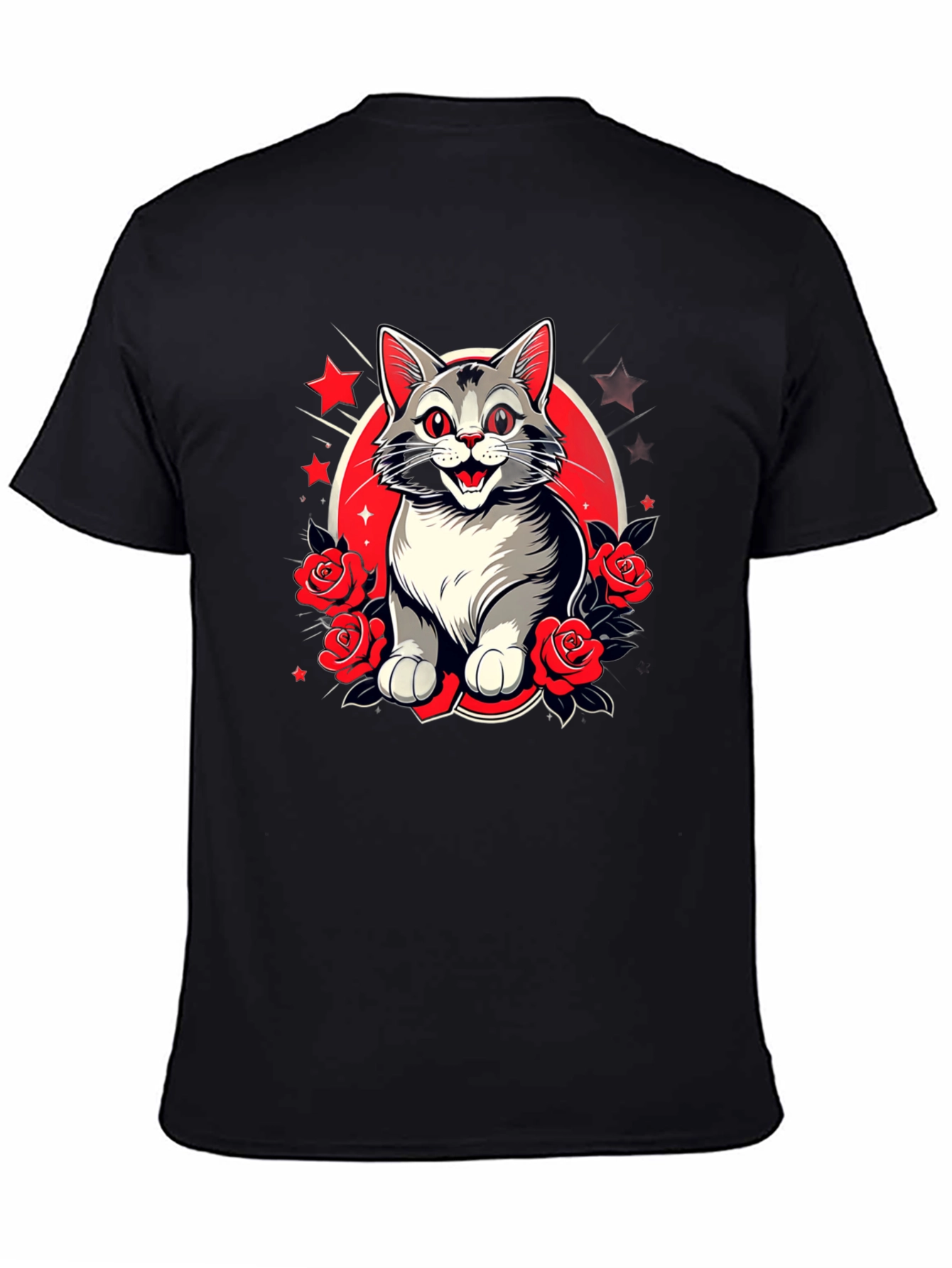 Cat & Roses Graphic Tee - Mens Black T-Shirt