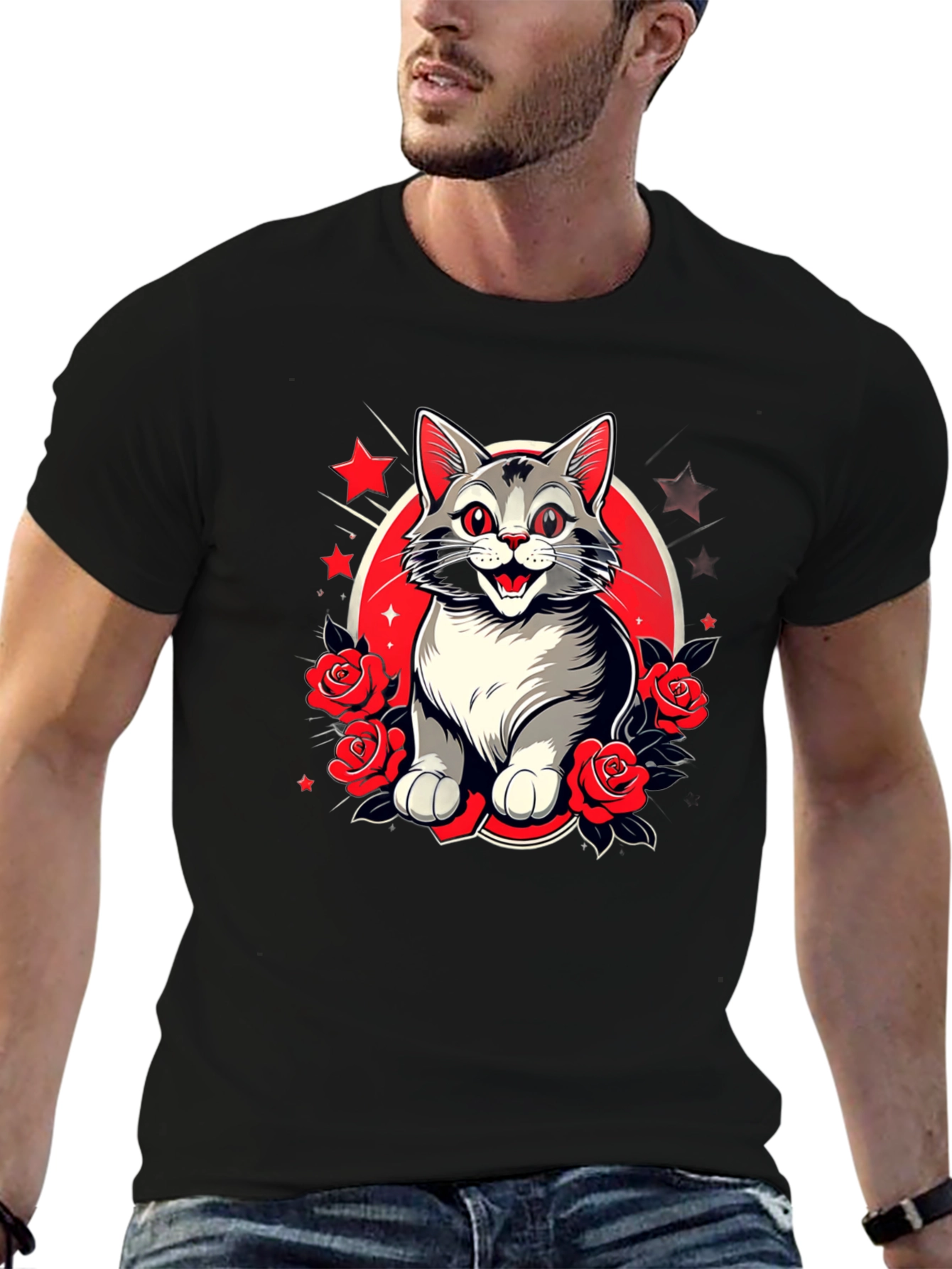 Cat & Roses Graphic Tee - Mens Black T-Shirt