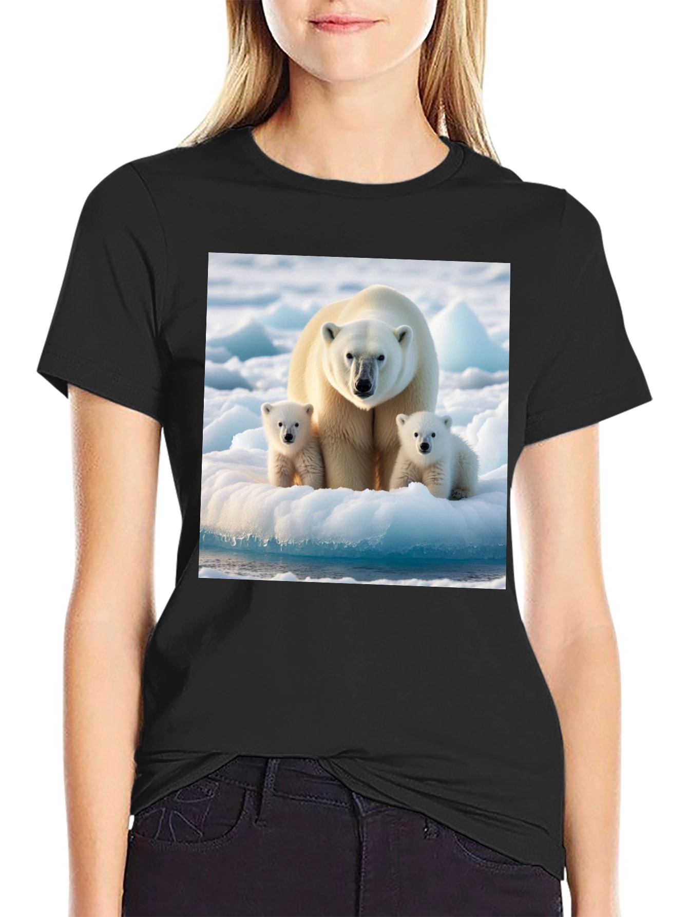 Polar Bear Family Graphic Tee - Black Cotton