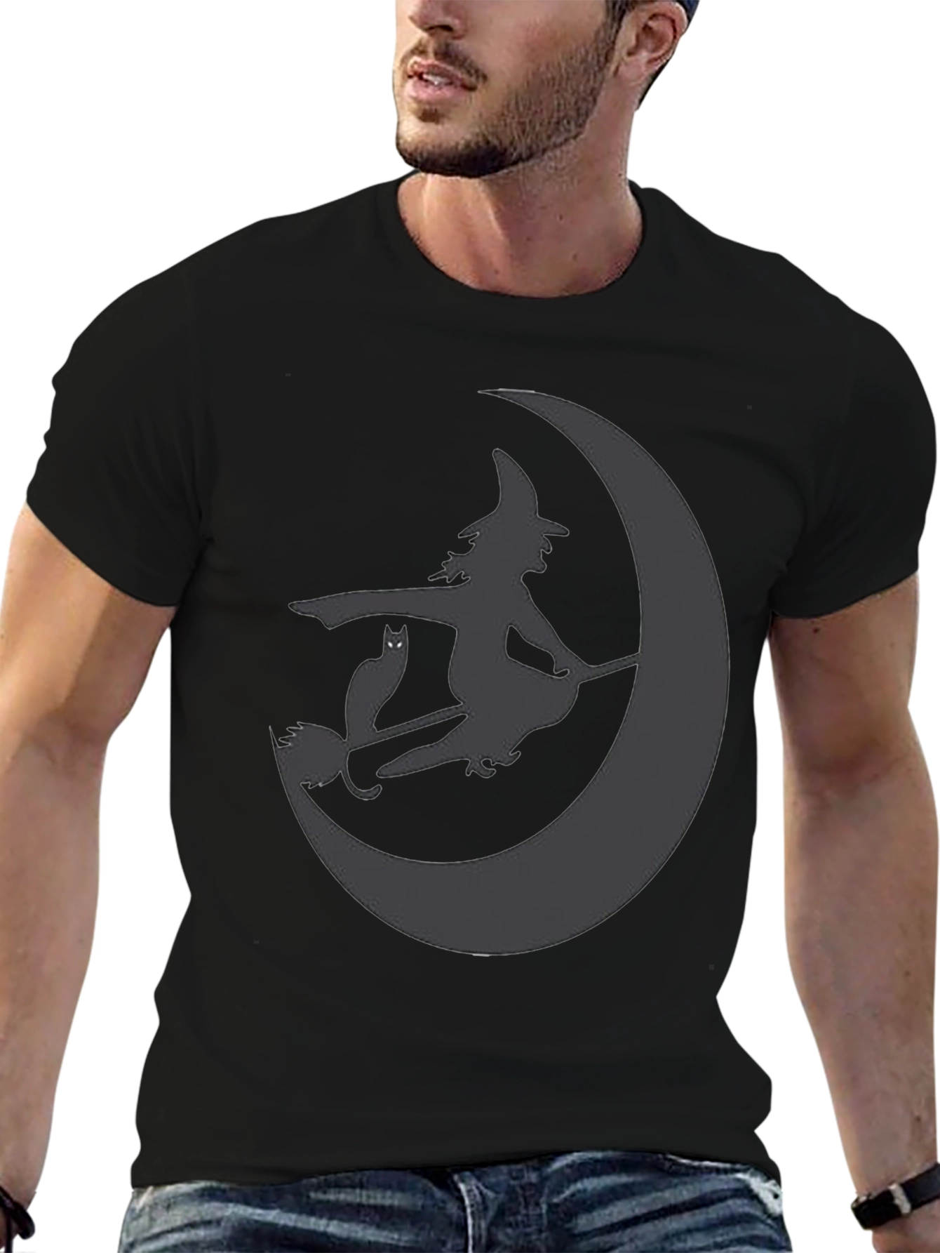 Witch and Cat on Moon Black T-Shirt