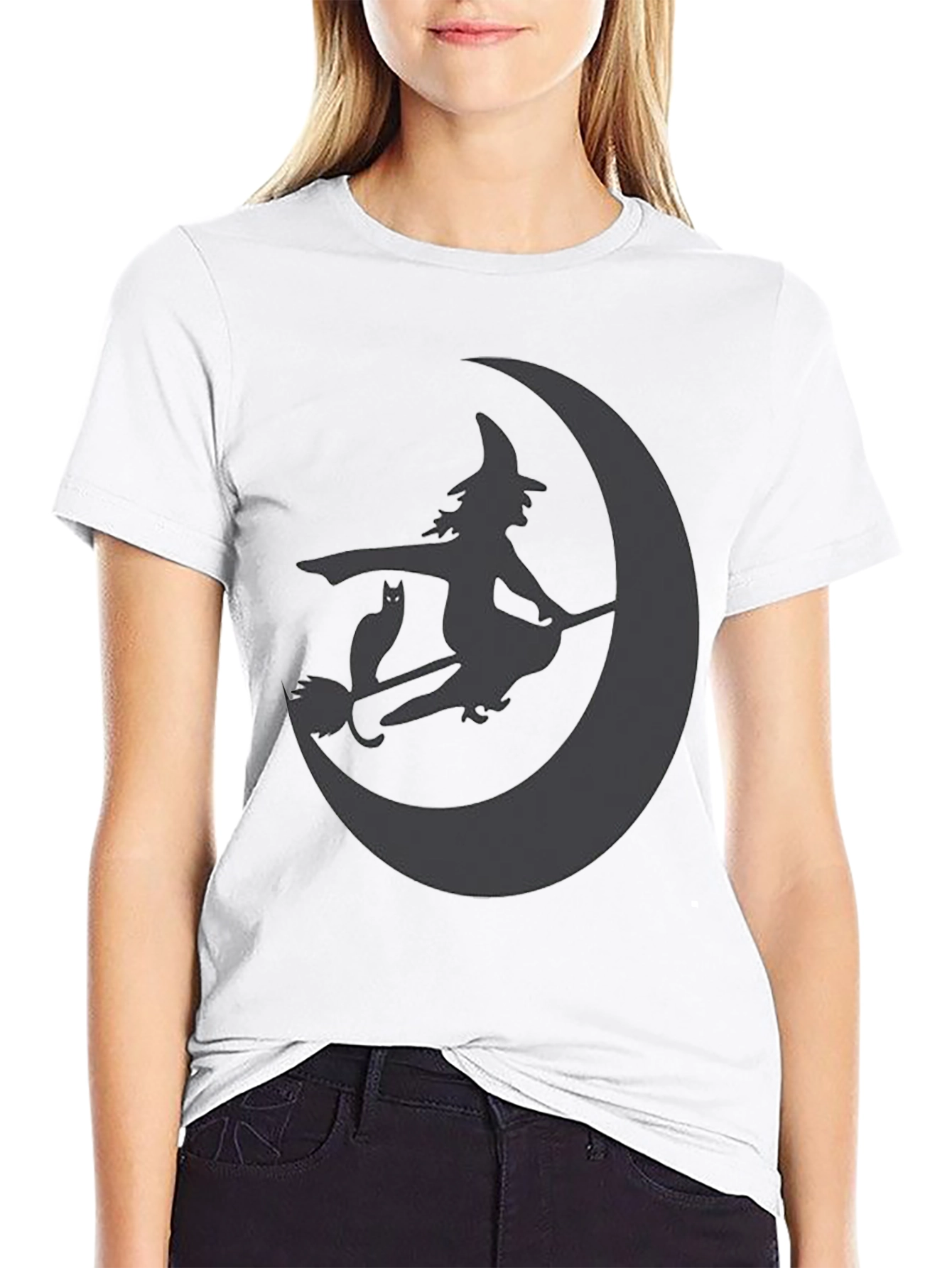 Witch and Cat on Moon Black T-Shirt