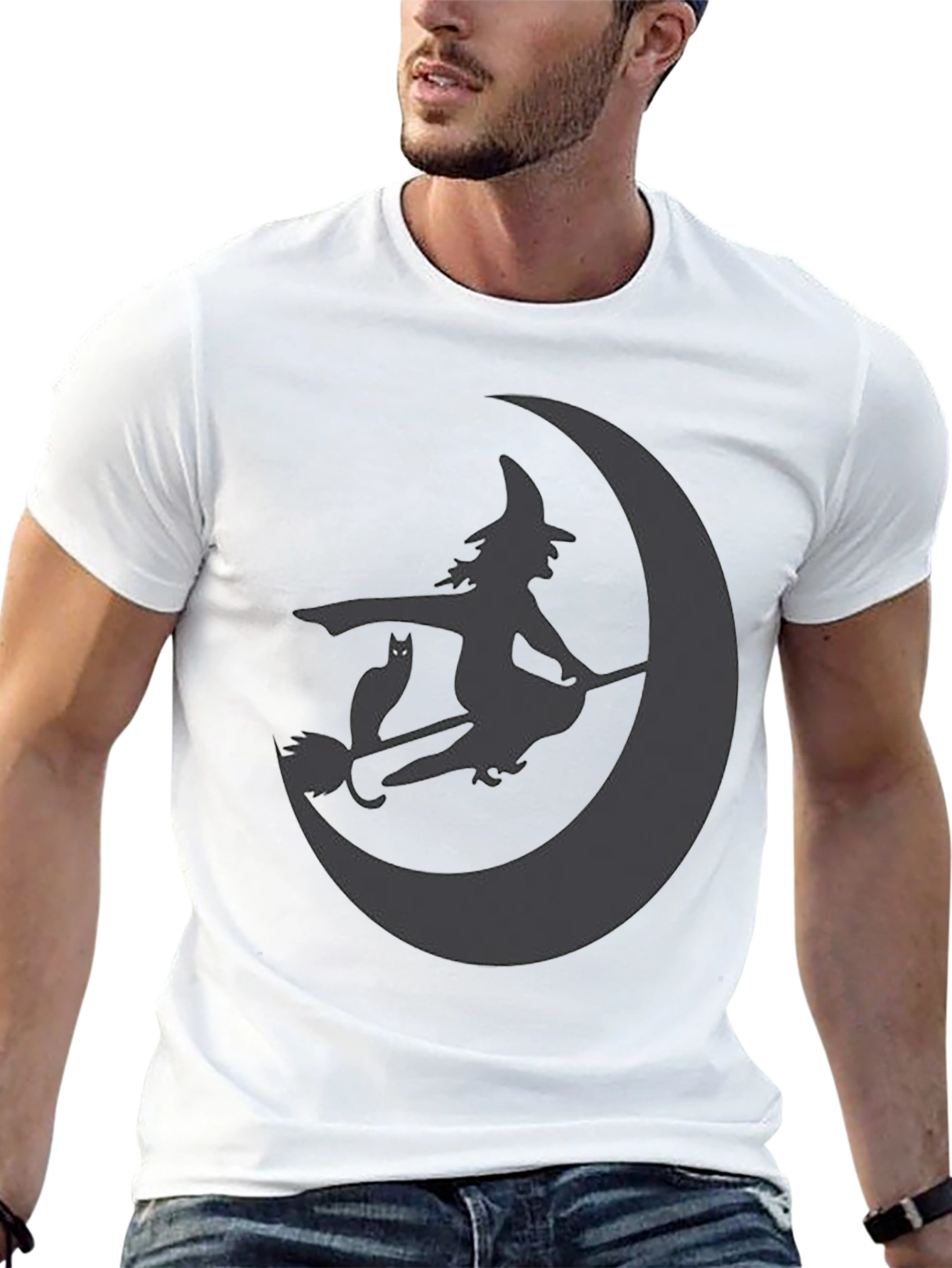 Witch and Cat on Moon Black T-Shirt