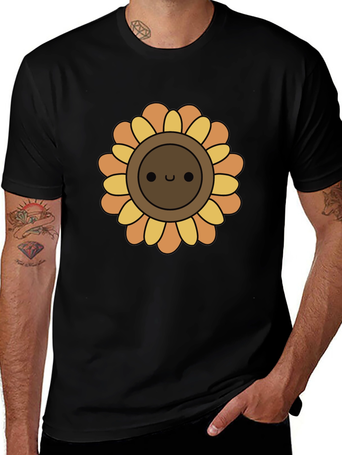 Cute Sunflower Graphic Tee - Black Cotton T-Shirt