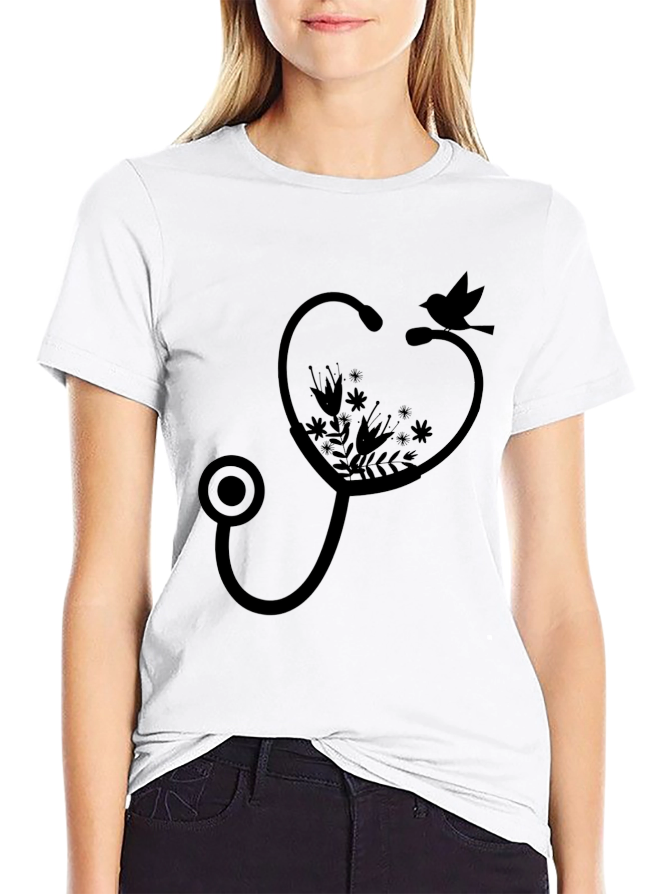 Floral Stethoscope Bird Graphic Tee