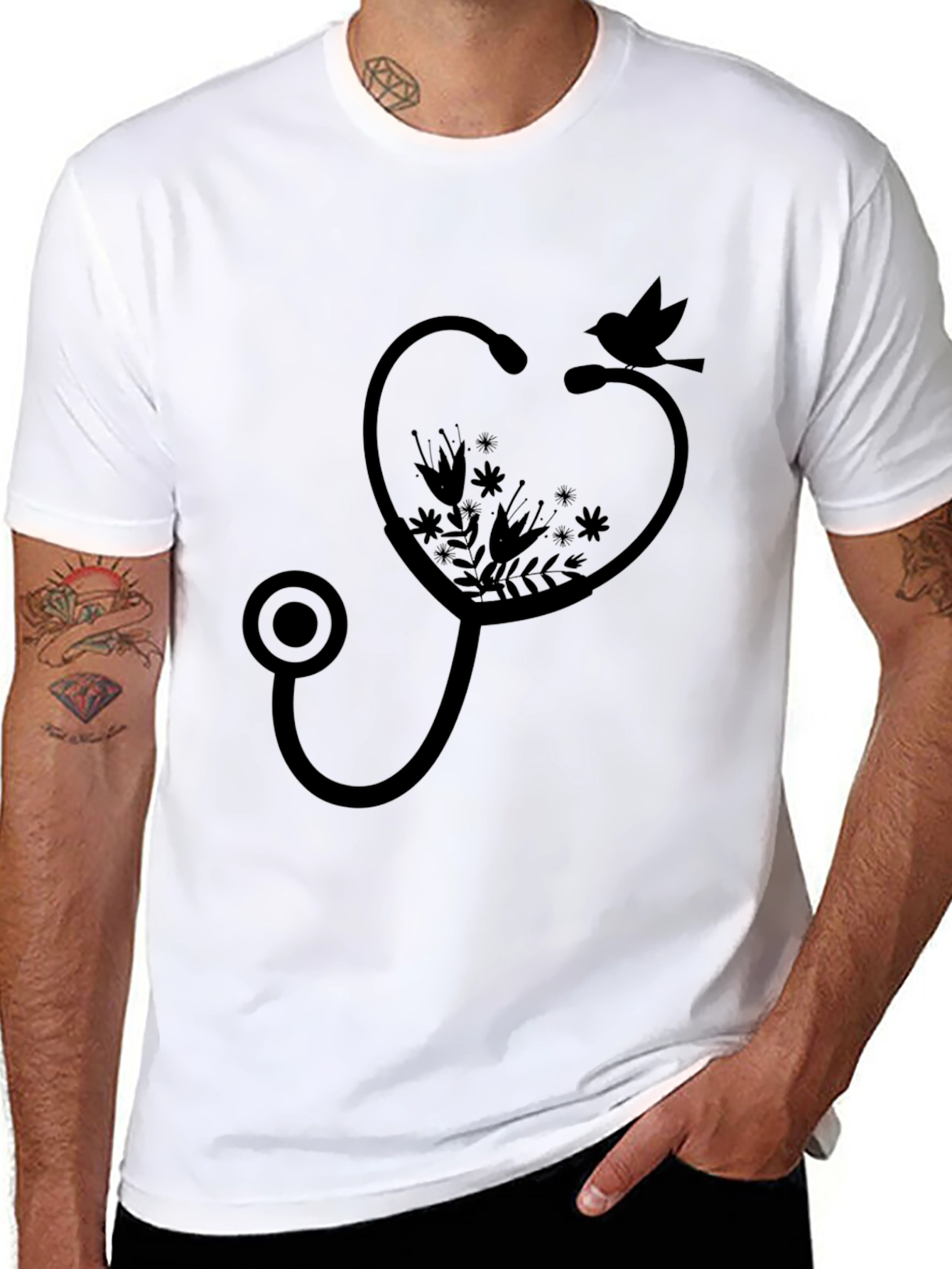 Floral Stethoscope Bird Graphic Tee