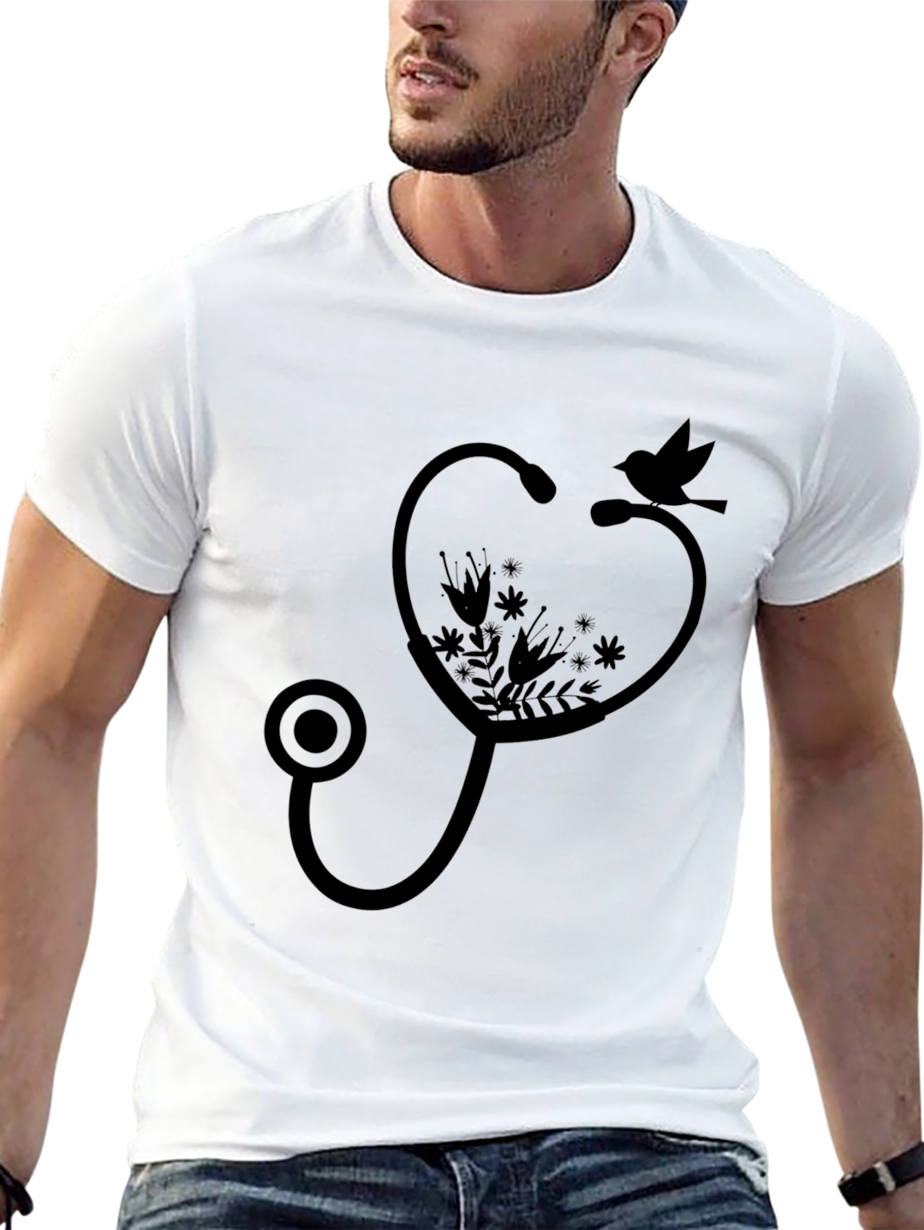 Floral Stethoscope Bird Graphic Tee