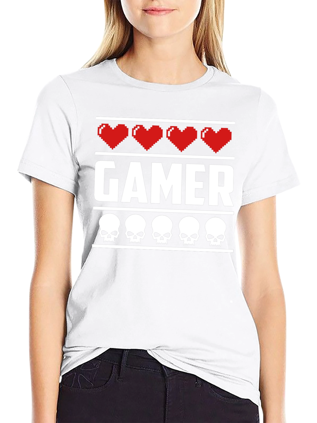 Gamer Heart & Skull T-Shirt - Pixelated Design