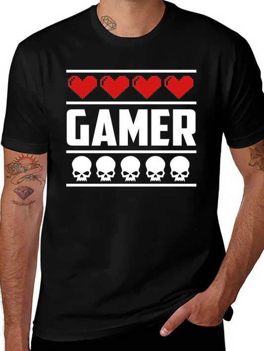 Gamer Heart & Skull T-Shirt - Pixelated Design