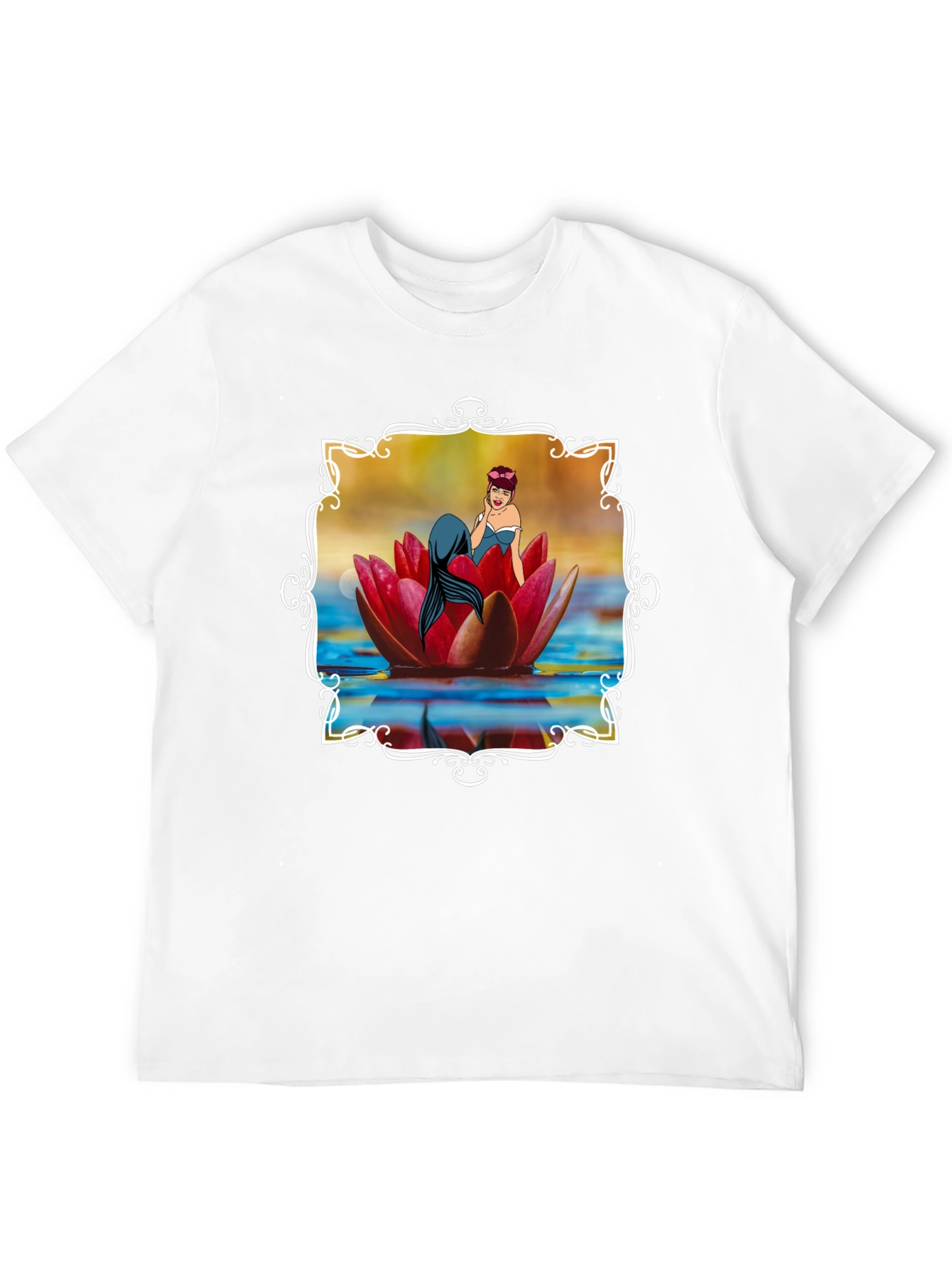 Mermaid Lotus Flower Graphic Tee - Black Cotton