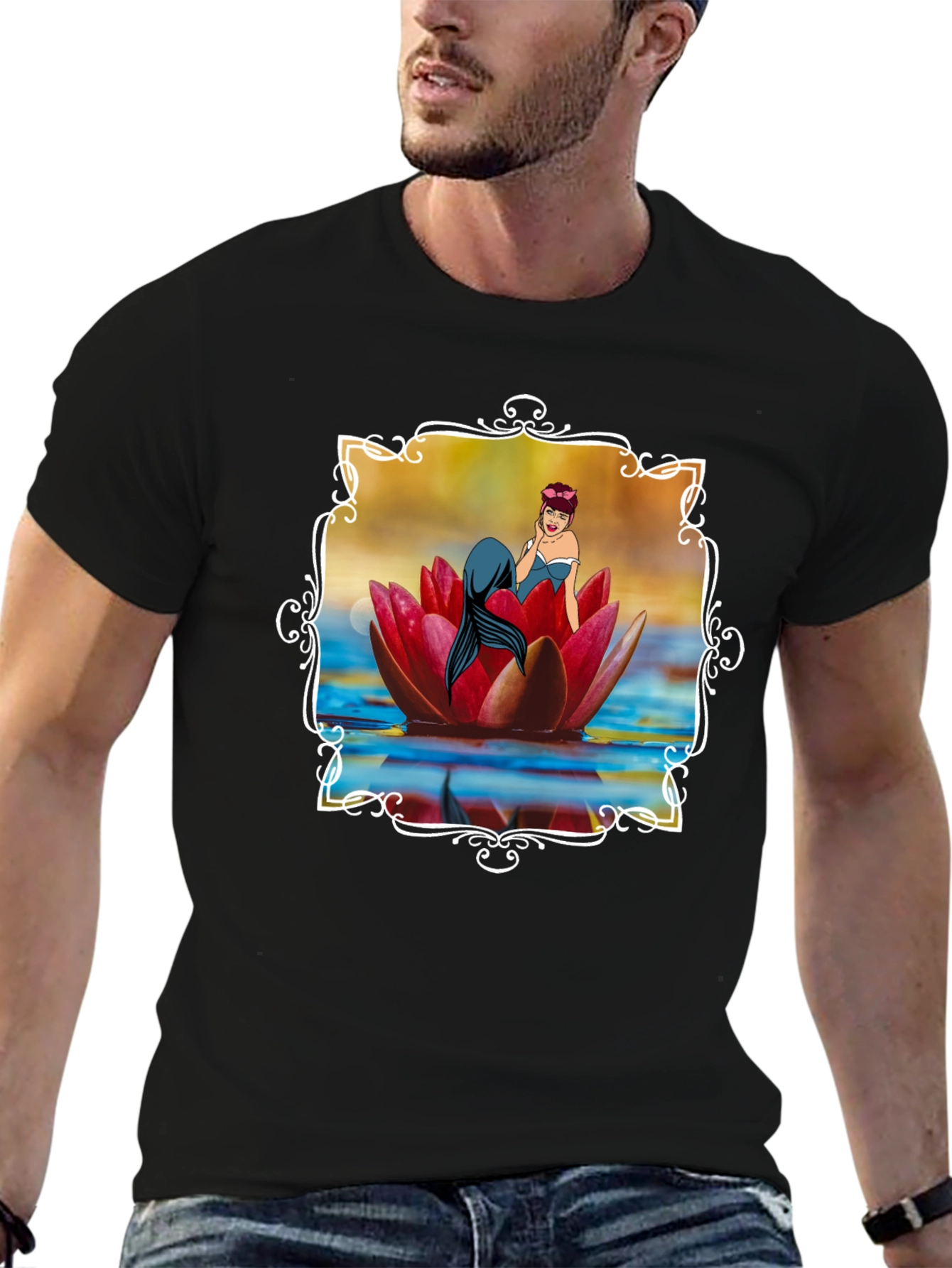 Mermaid Lotus Flower Graphic Tee - Black Cotton