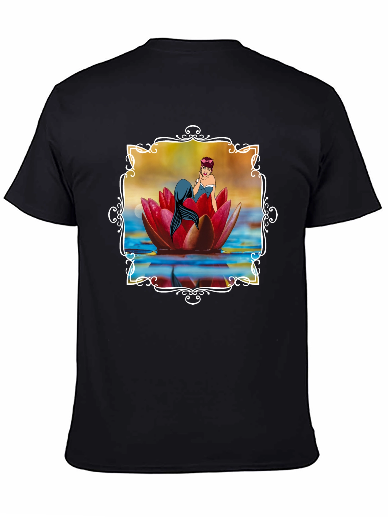 Mermaid Lotus Flower Graphic Tee - Black Cotton