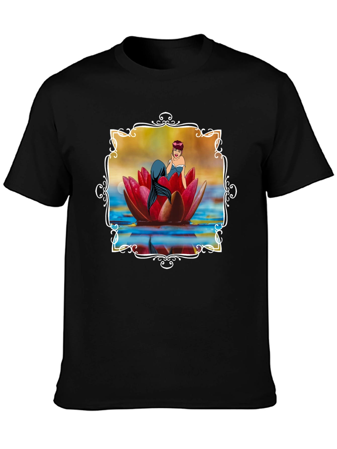 Mermaid Lotus Flower Graphic Tee - Black Cotton