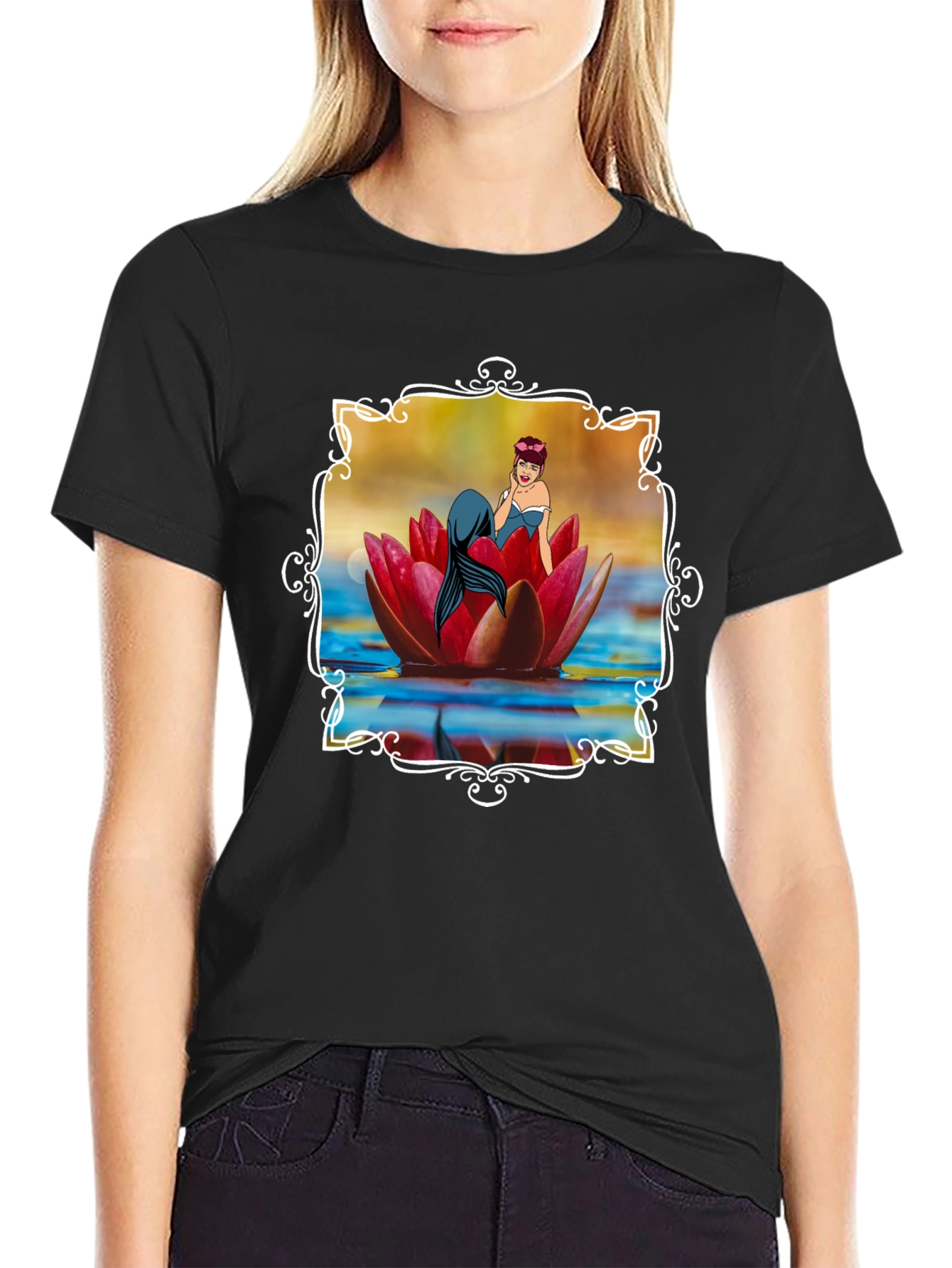 Mermaid Lotus Flower Graphic Tee - Black Cotton