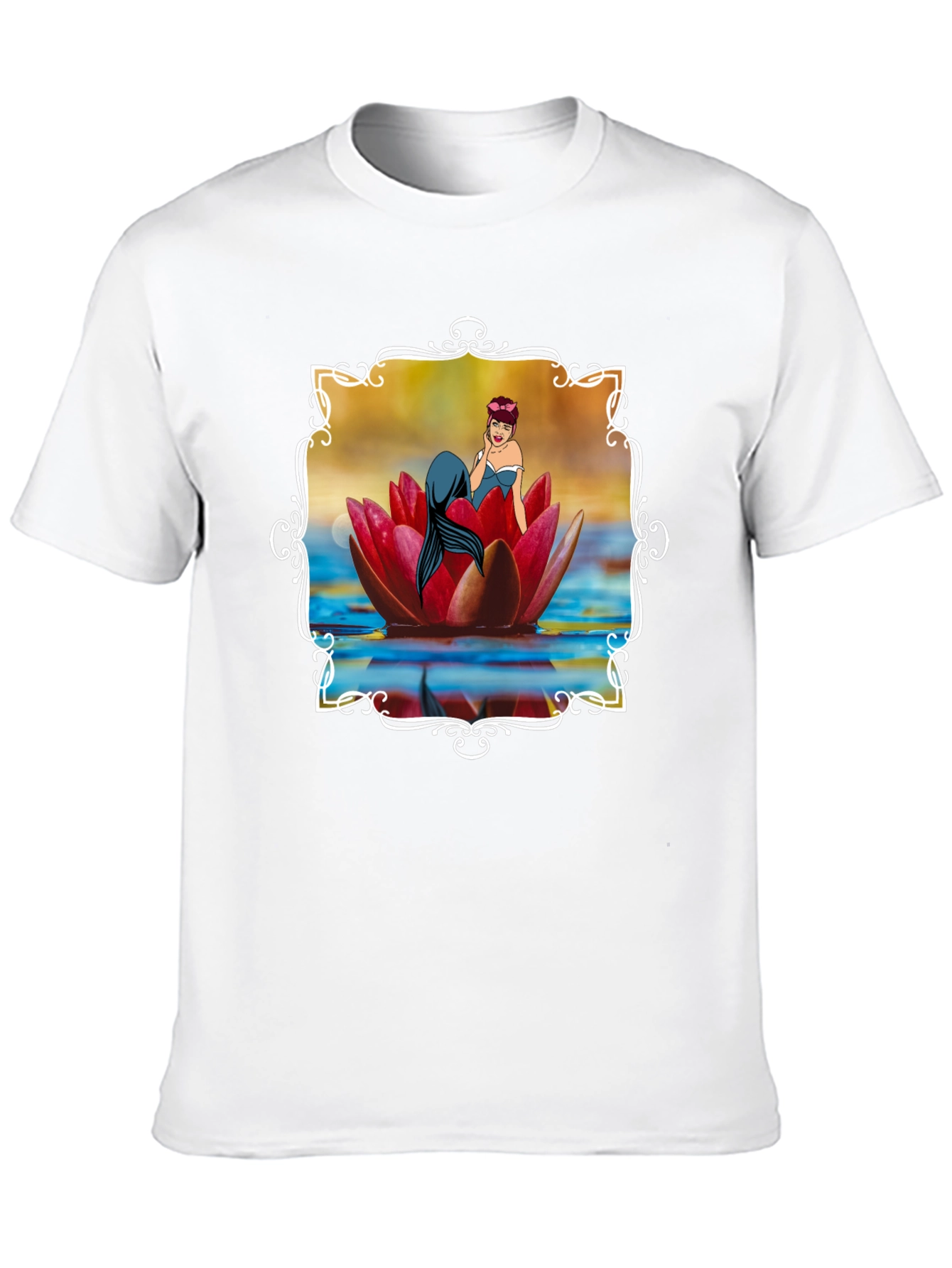 Mermaid Lotus Flower Graphic Tee - Black Cotton