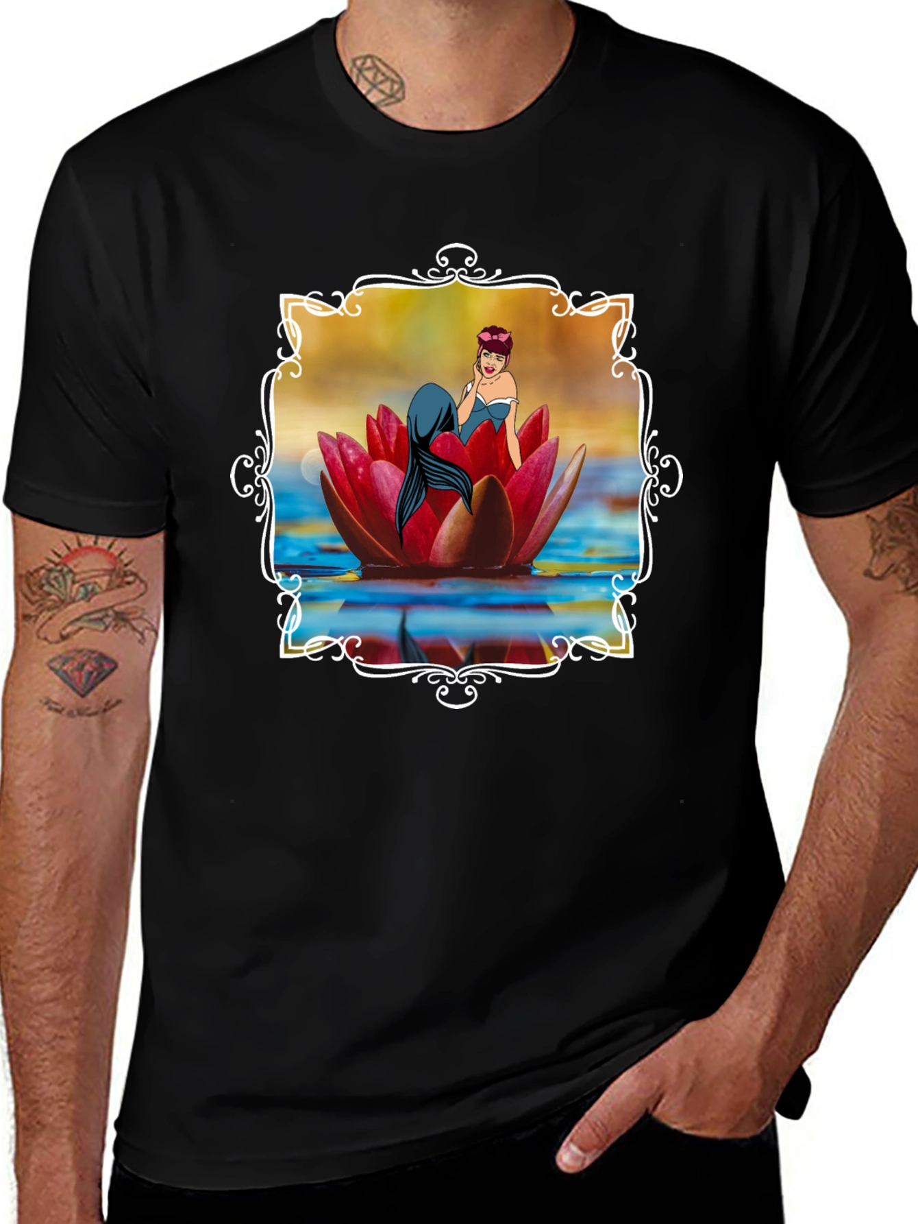Mermaid Lotus Flower Graphic Tee - Black Cotton