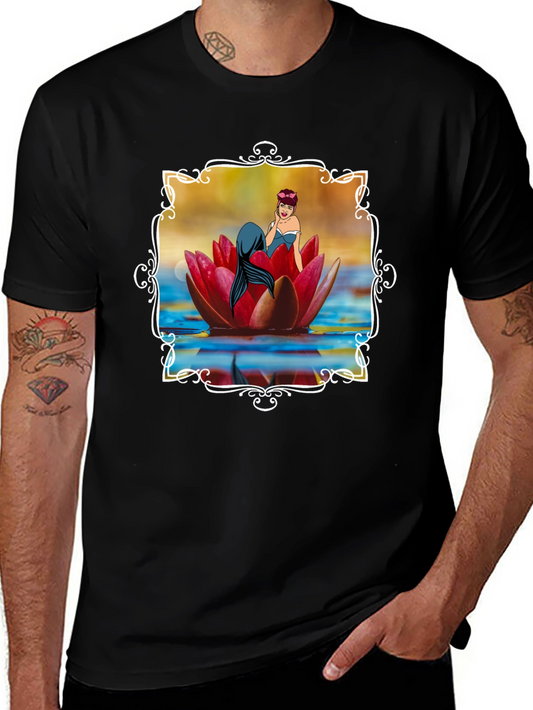 Mermaid Lotus Flower Graphic Tee - Black Cotton