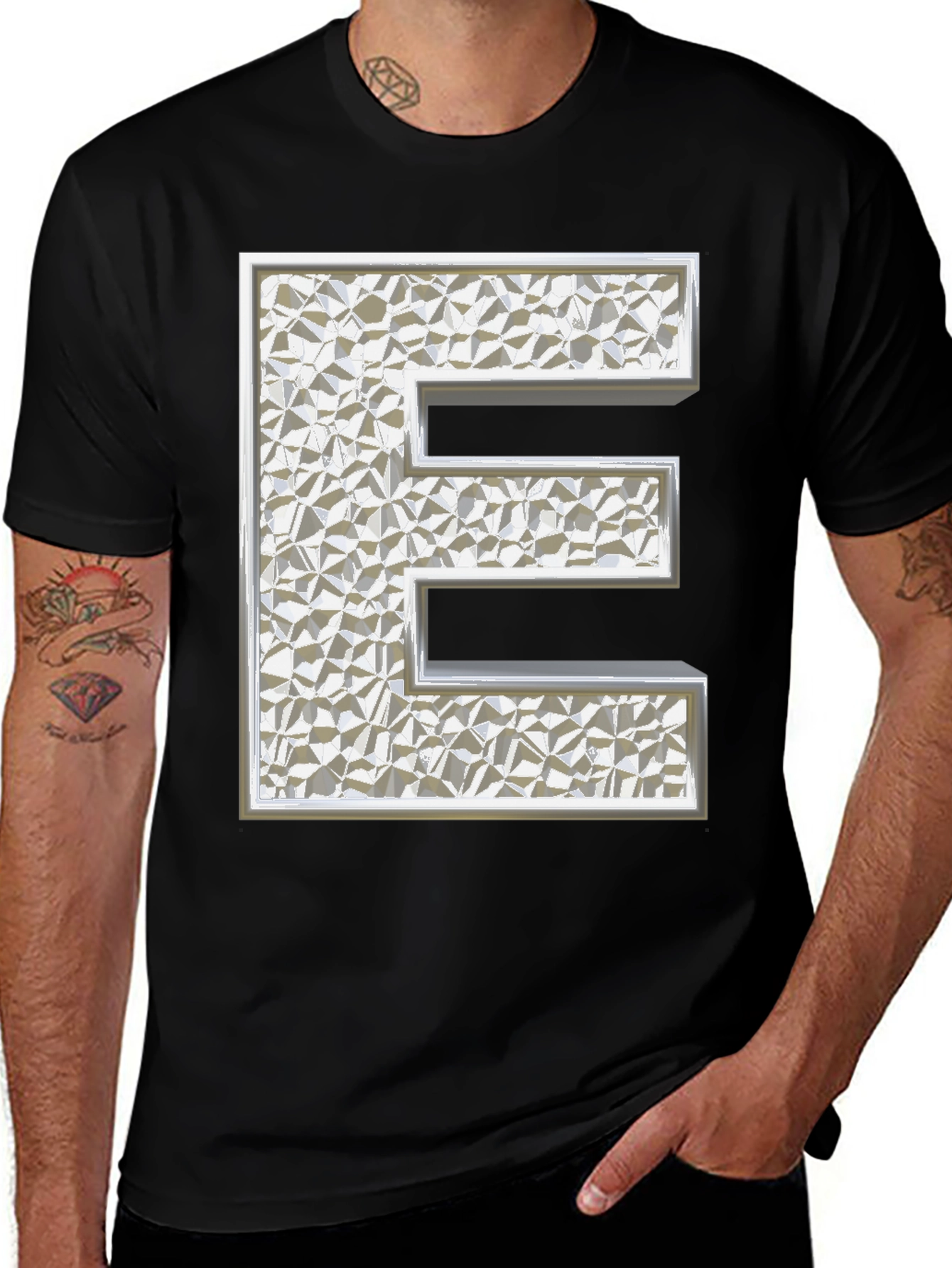 Textured Silver Letter E Black T-Shirt