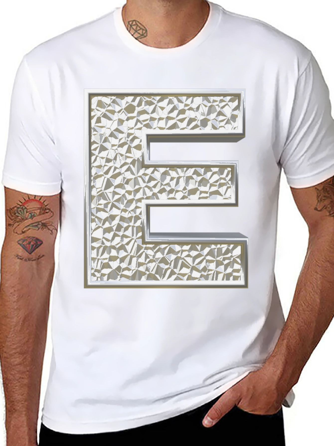Textured Silver Letter E Black T-Shirt