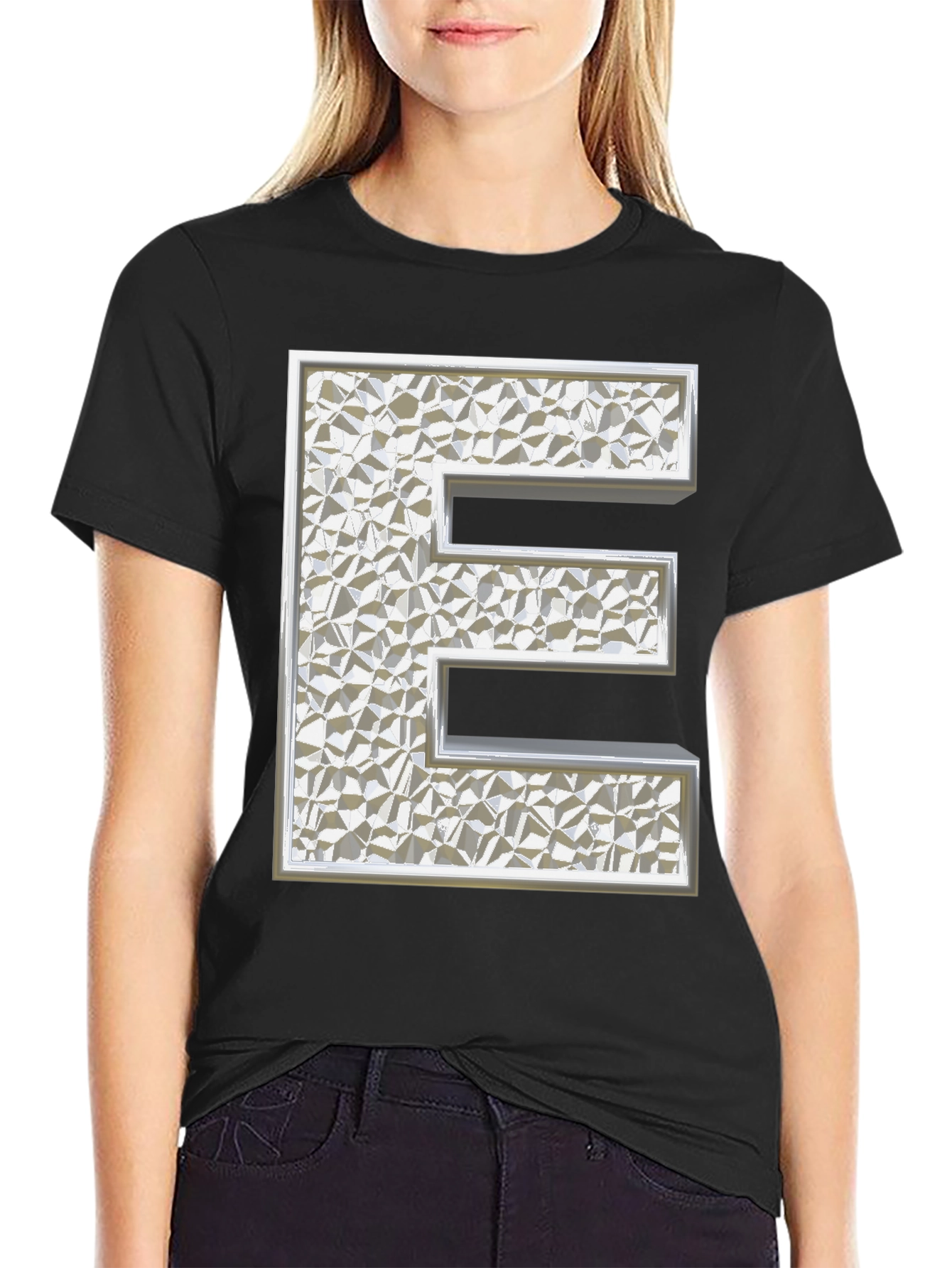 Textured Silver Letter E Black T-Shirt