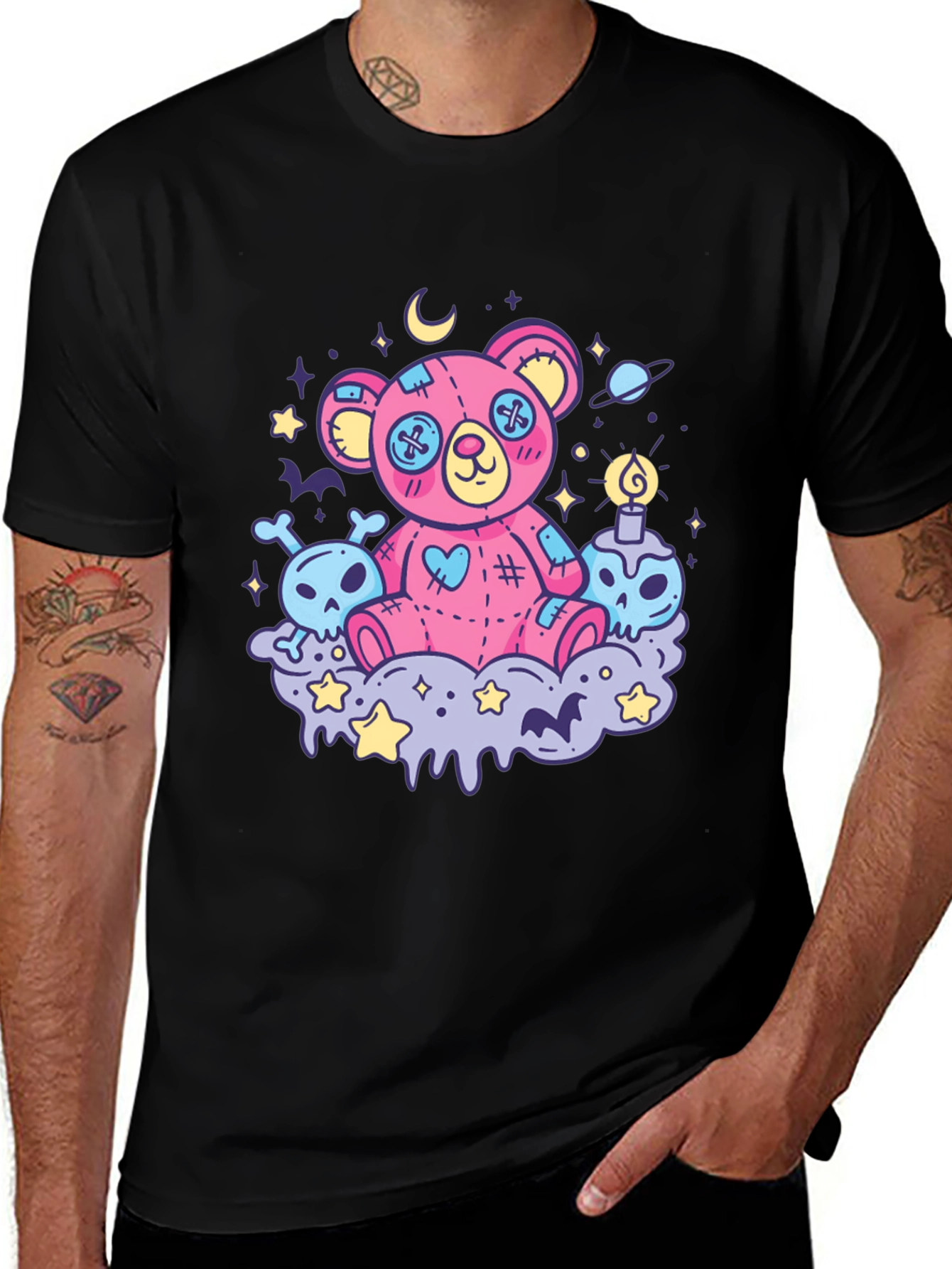 Creepy Cute Teddy Bear Graphic Black T-Shirt